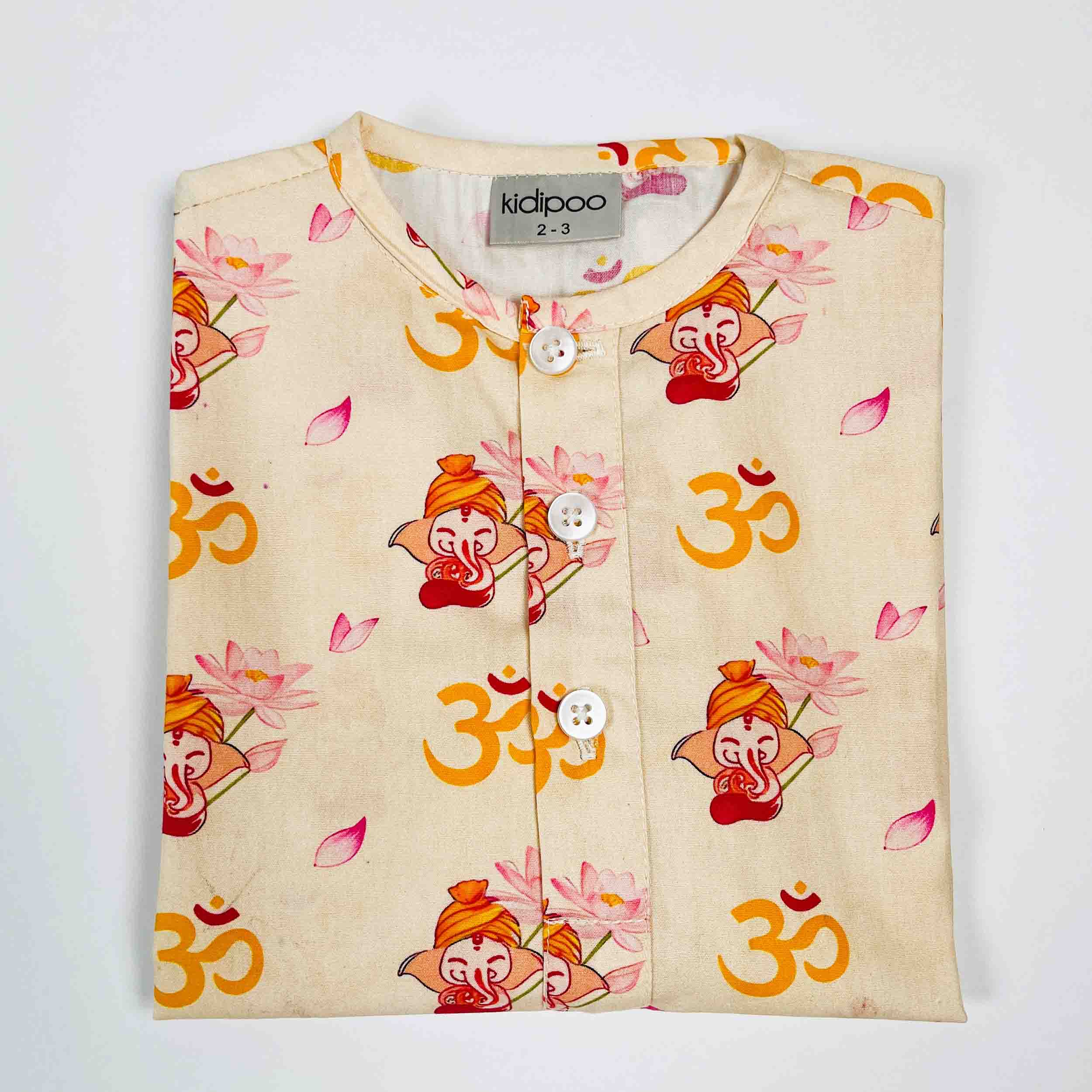 Kids Om and Bal Ganesha print cotton kurta with front buttons, soft breathable festive ethnic wear