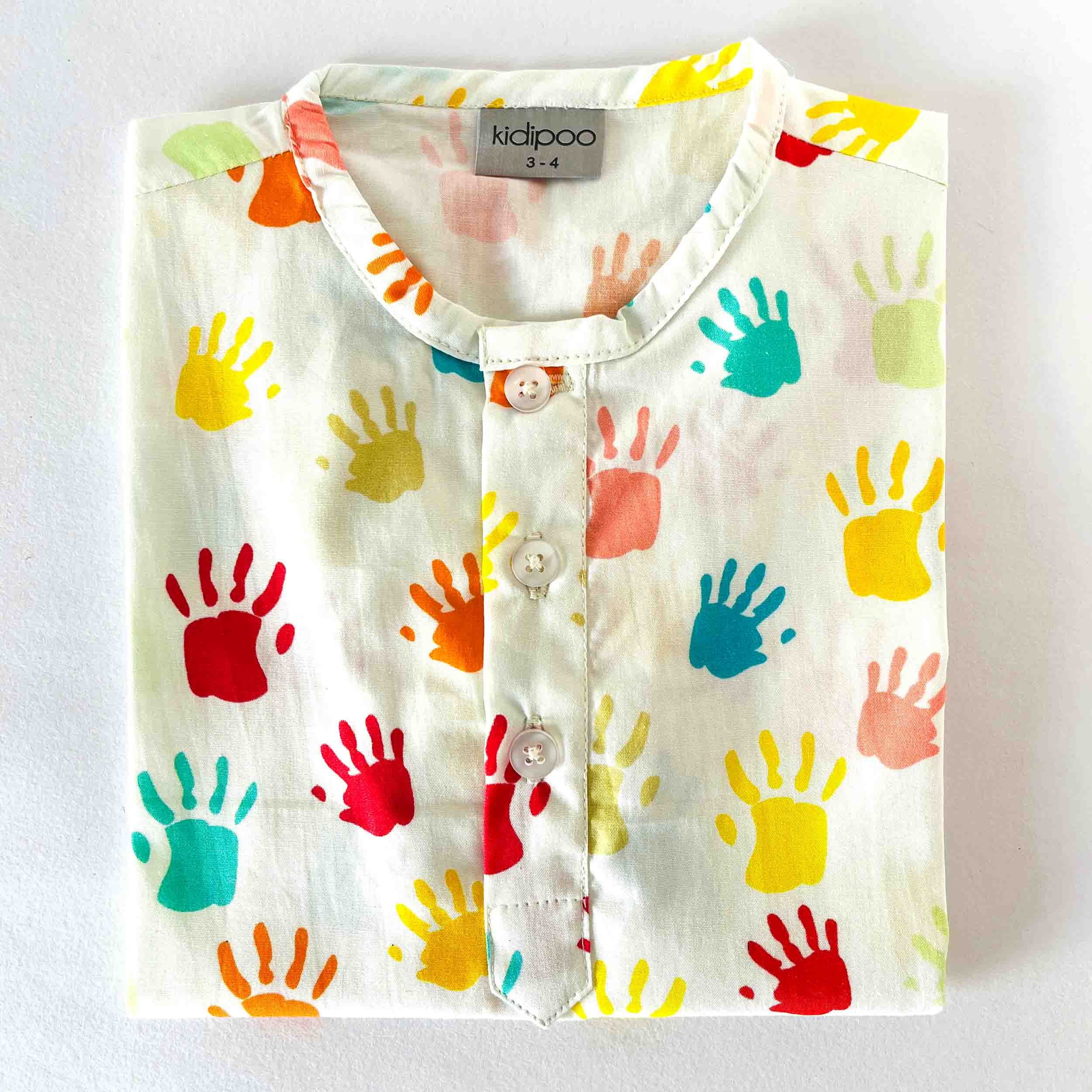 Kids white cotton kurta shirt with colorful handprint print soft breathable comfortable festive wear top for boys and girls Holi special