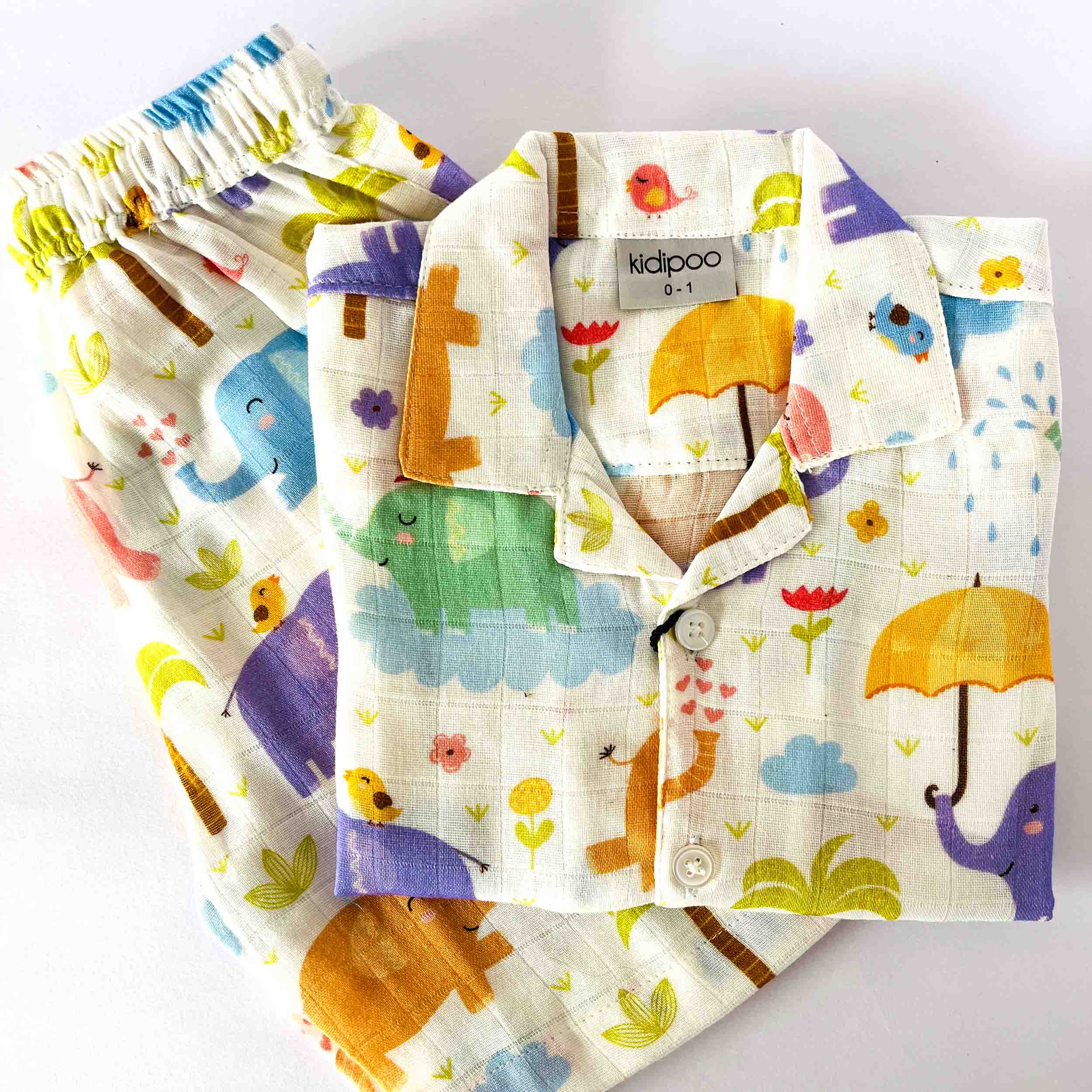 Kids white muslin coord set with colorful elephant print shirt and shorts summer outfit