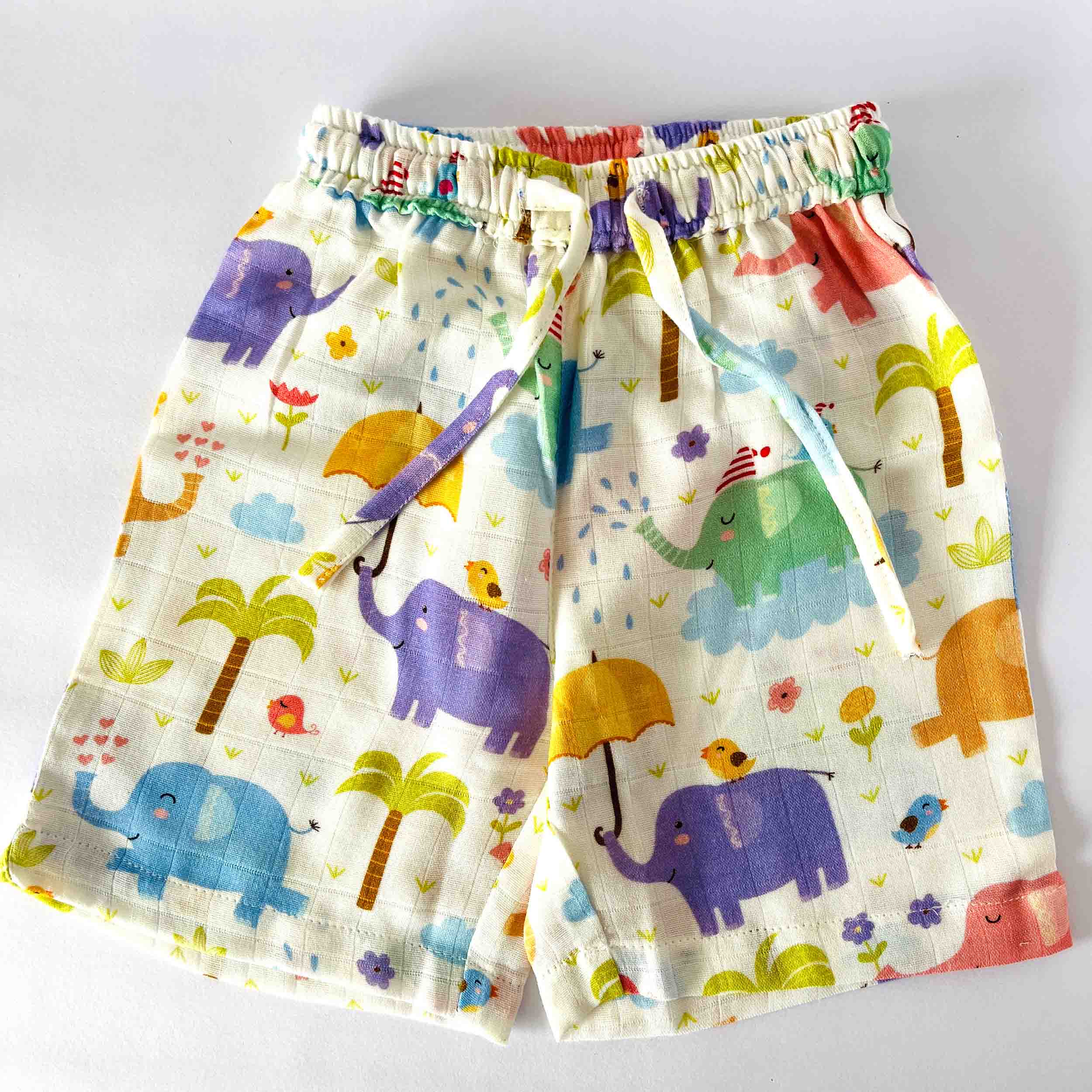 Kids white muslin shorts with elephant print elastic waist summer wear