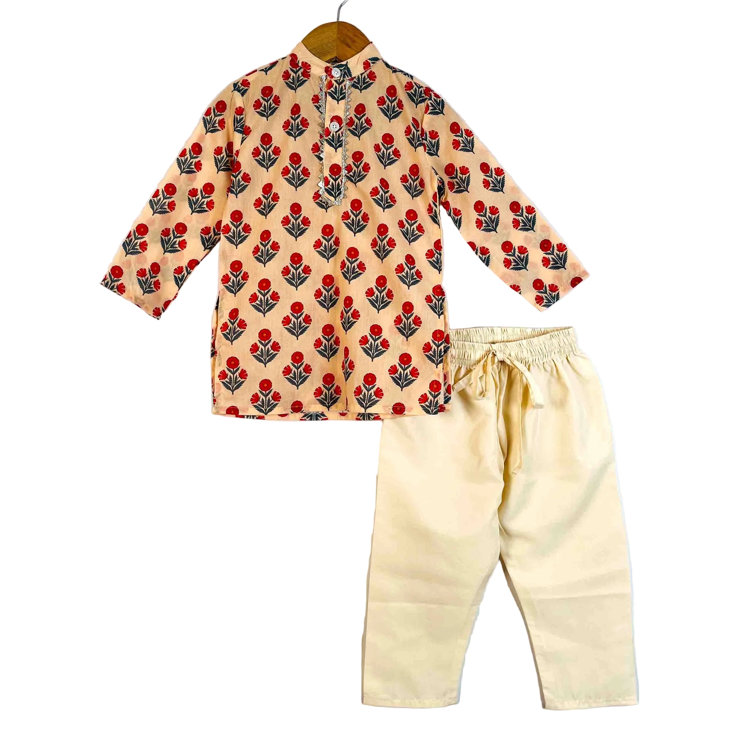 Boys Phoolwari printed cotton kurta and cream pajama set with full sleeves and mandarin collar
