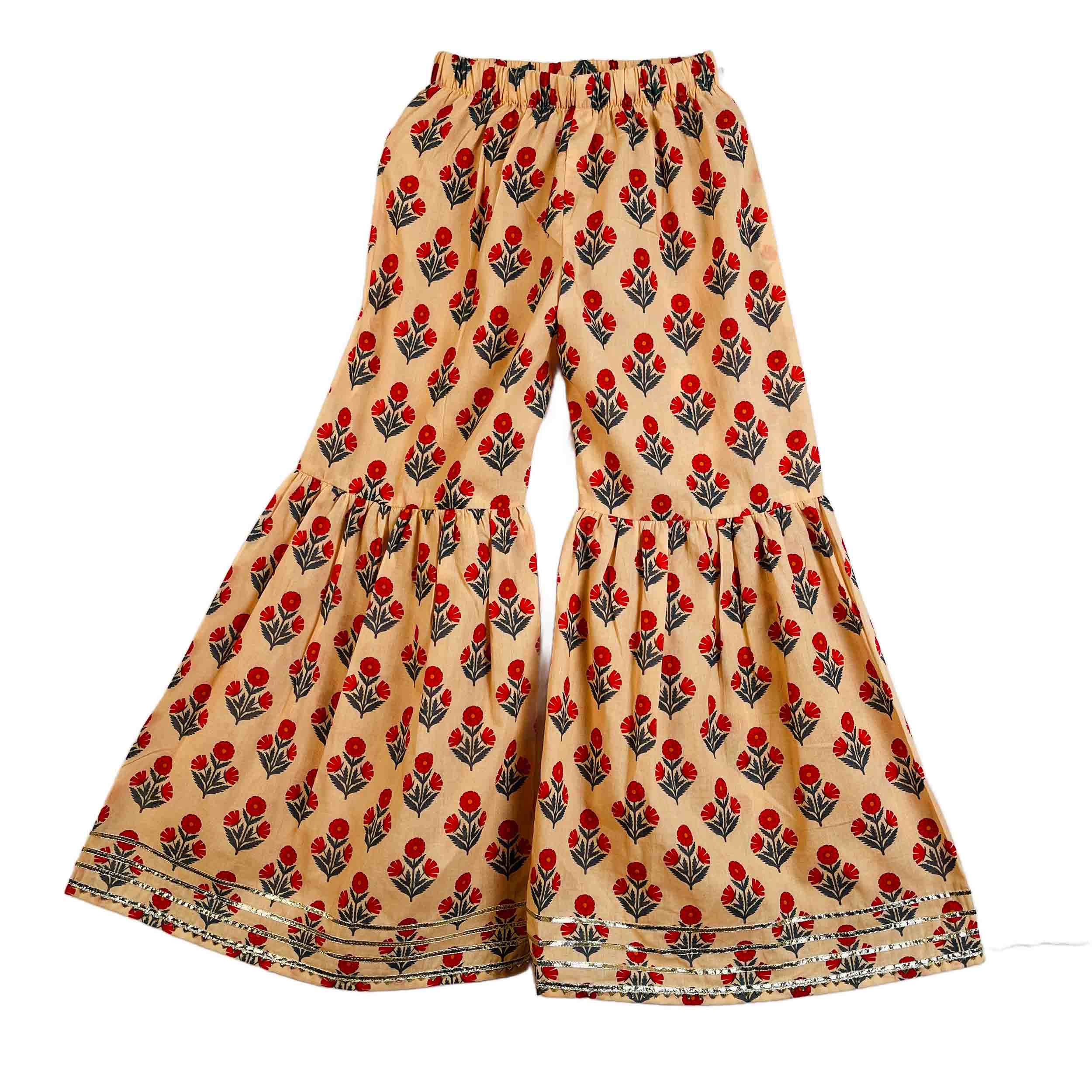 Girls Phoolwari printed cotton sharara pants with elastic waistband and floral print
