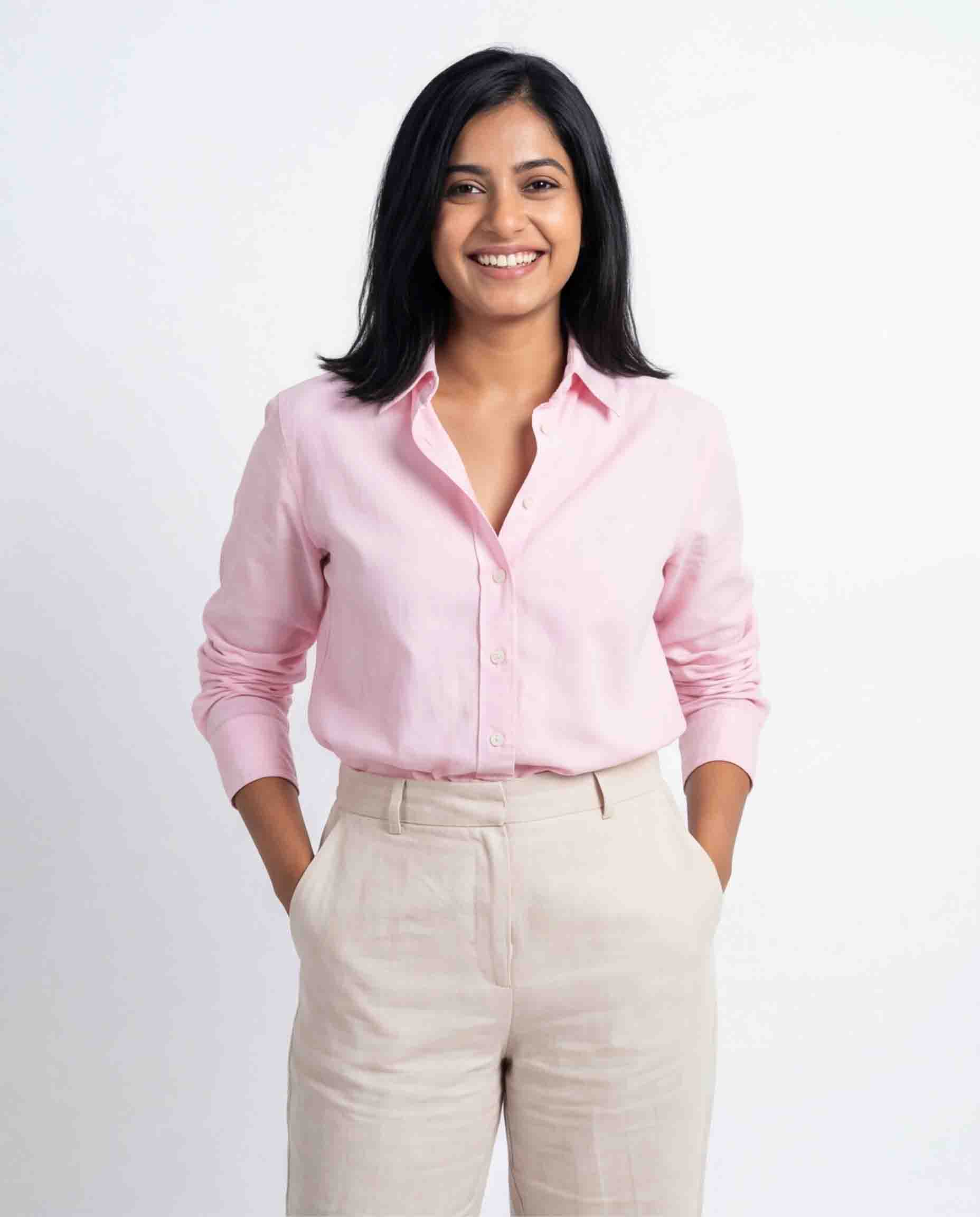 Pink women’s cotton linen shirt with front button design and long sleeves