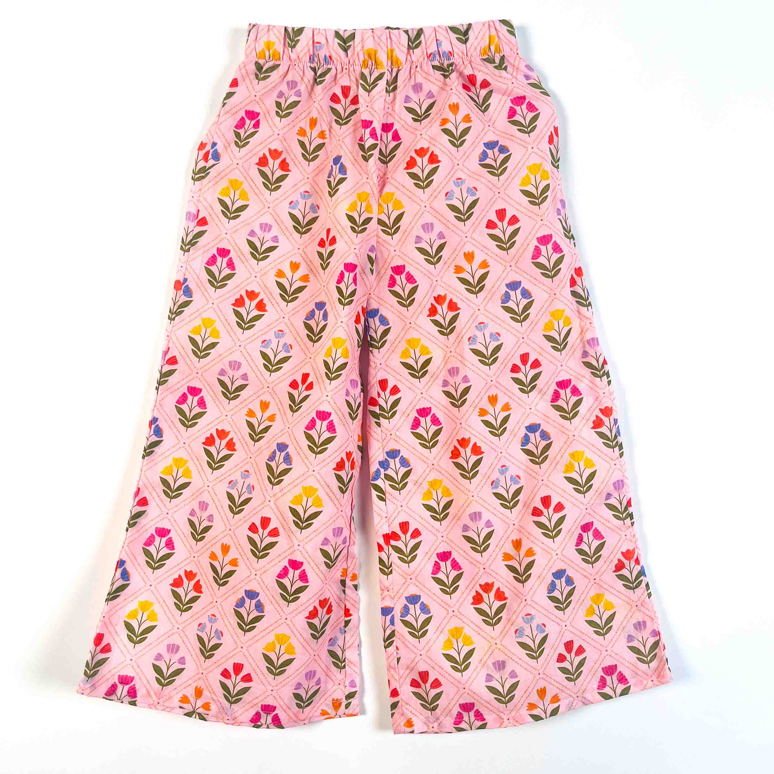 Pink Petals cotton wide-leg pajama featuring an all-over floral print and an elastic waistband for a comfortable fit