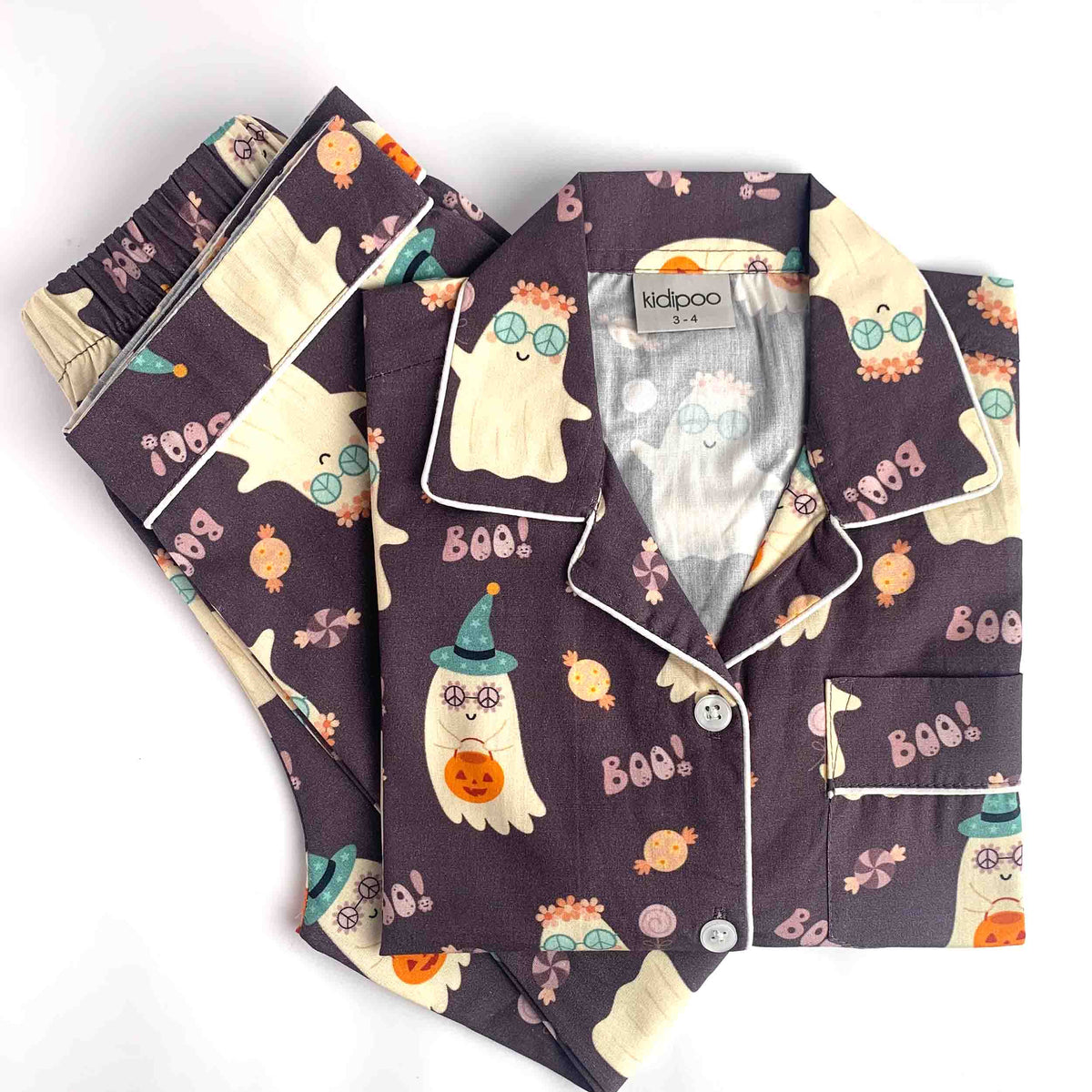 Purple Halloween Night Suit with Boo Print and Pumpkin Design