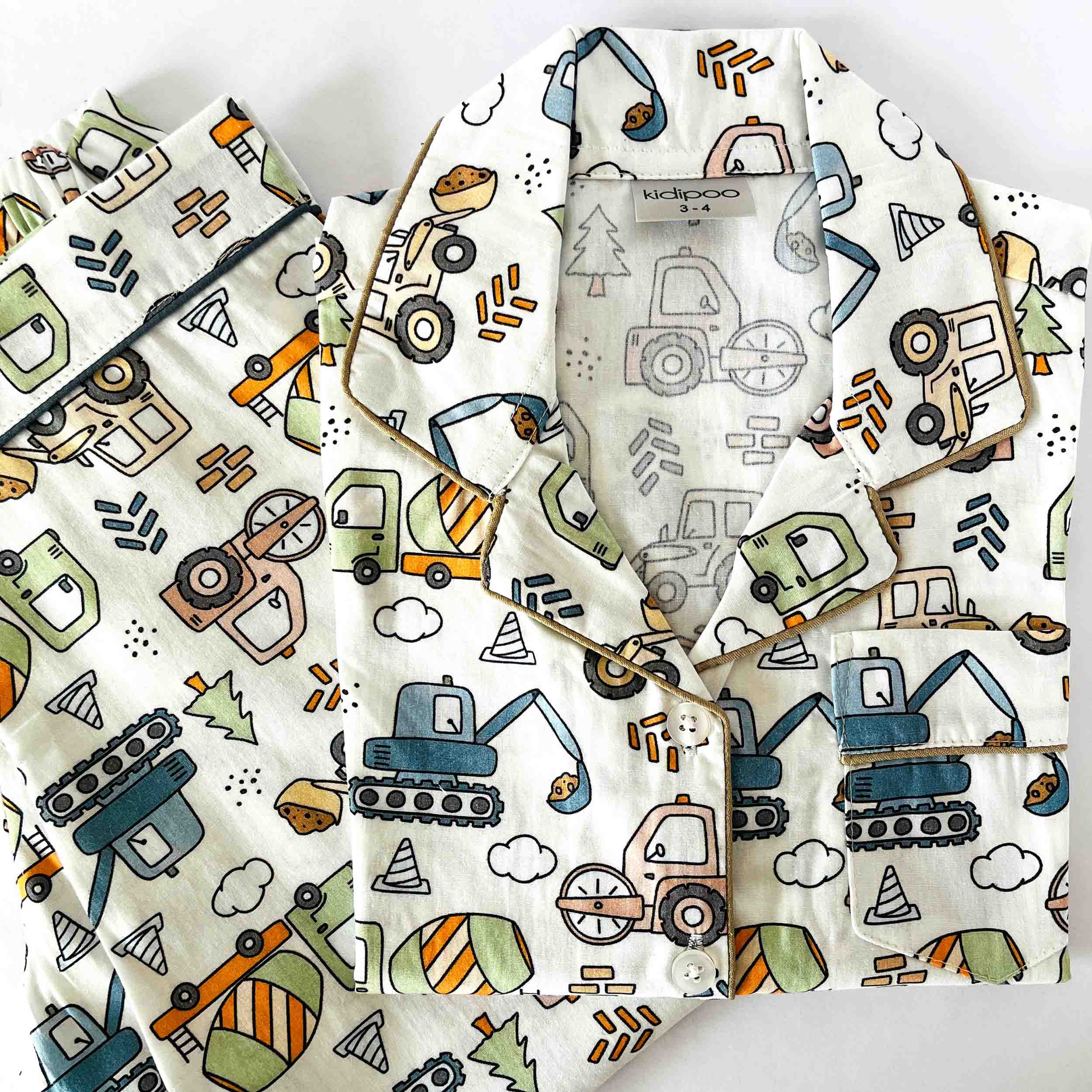 Kids cotton night suit set with construction vehicle print