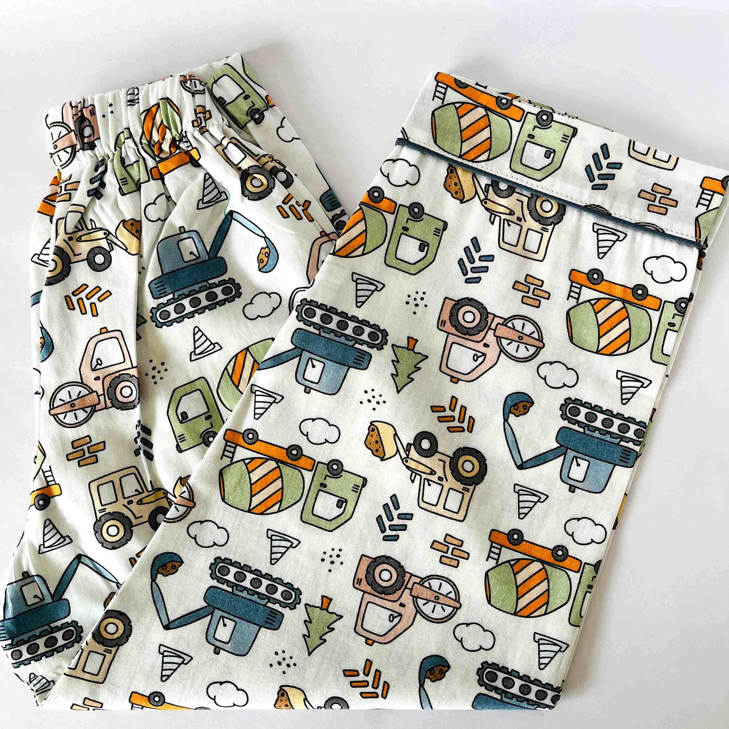 Kids cotton pajama pants with elastic waist construction vehicle print
