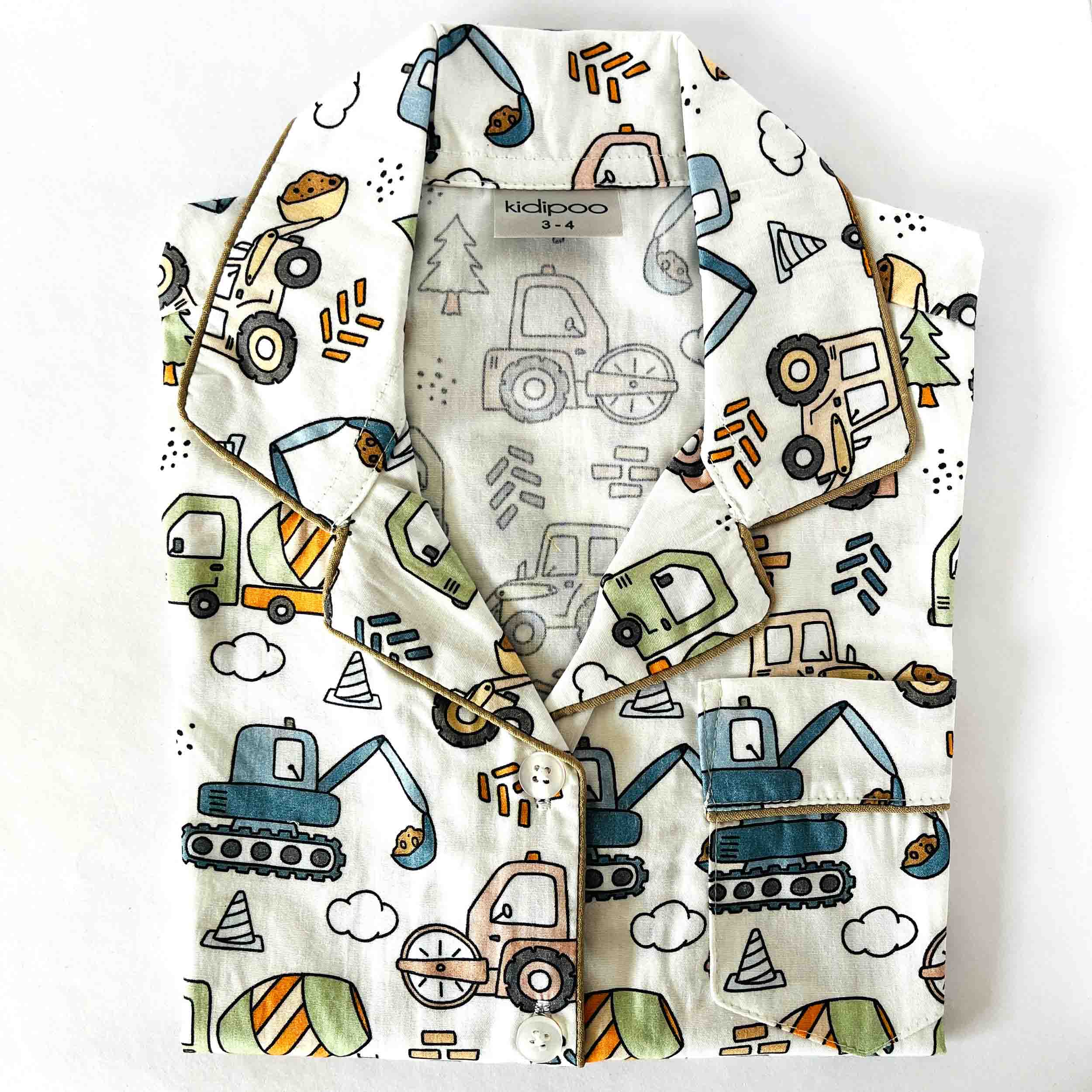 Kids cotton night suit shirt with construction vehicle print long sleeve