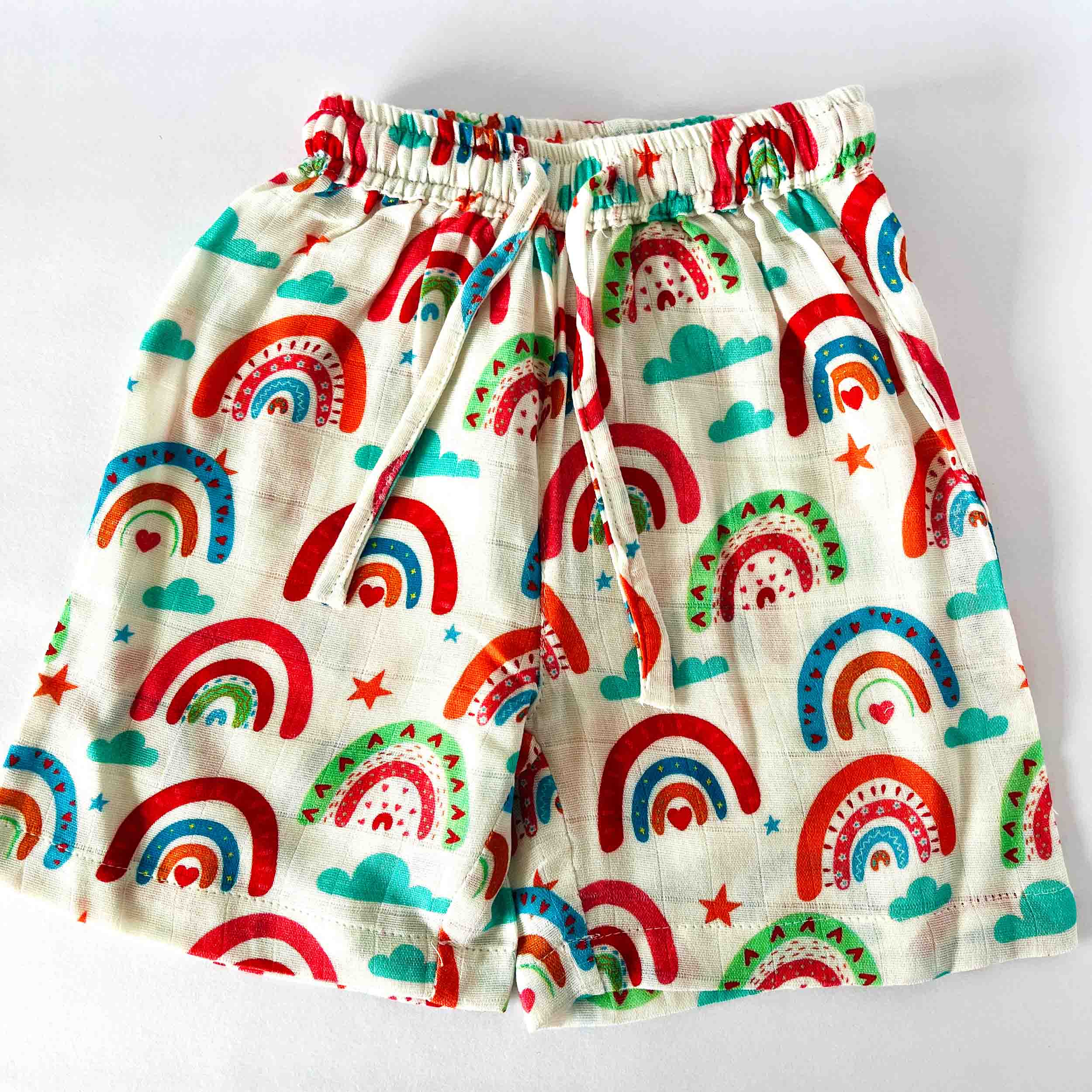 Kids white muslin shorts with rainbow print elastic waist summer wear