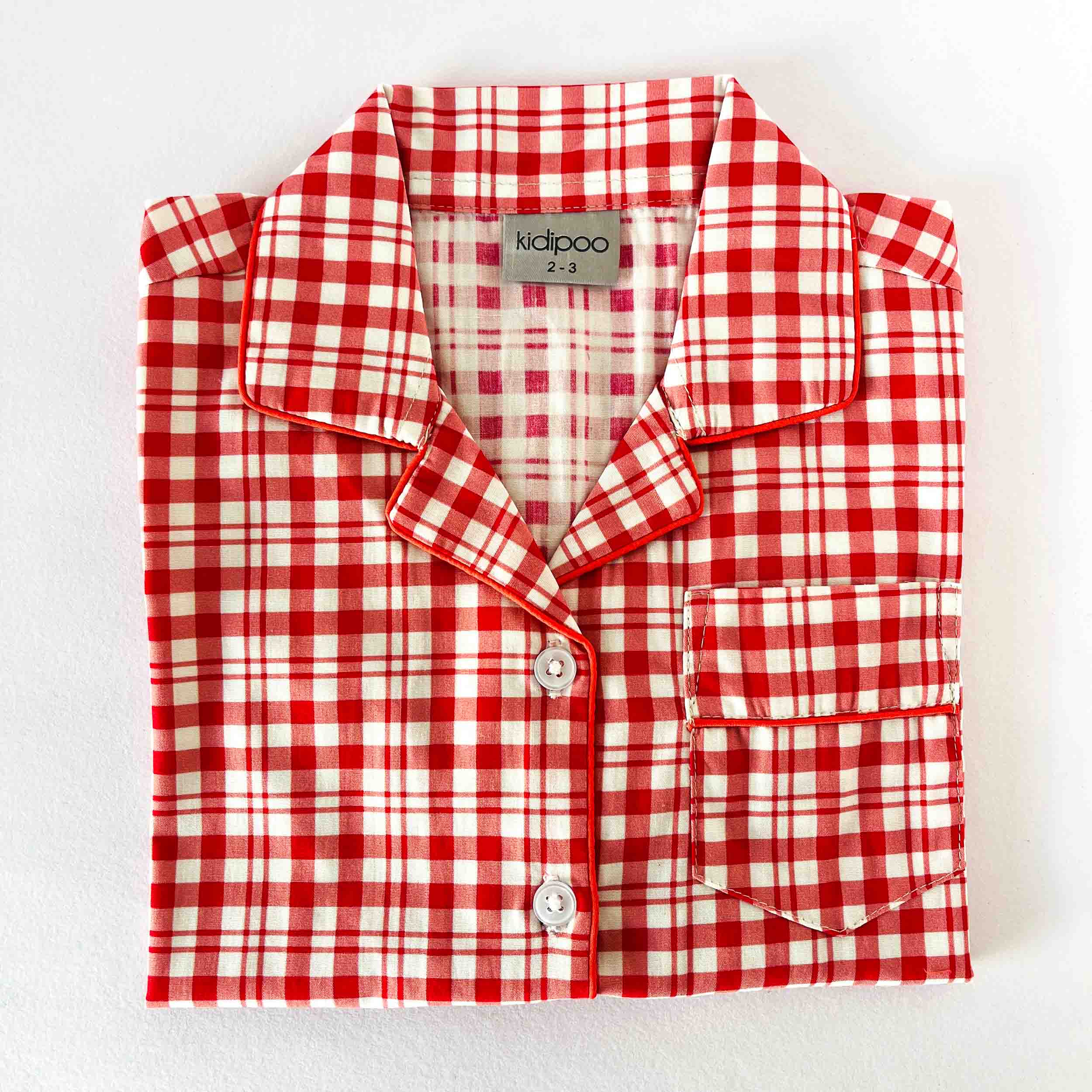 Kids red checkered cotton night suit shirt front view classic pattern