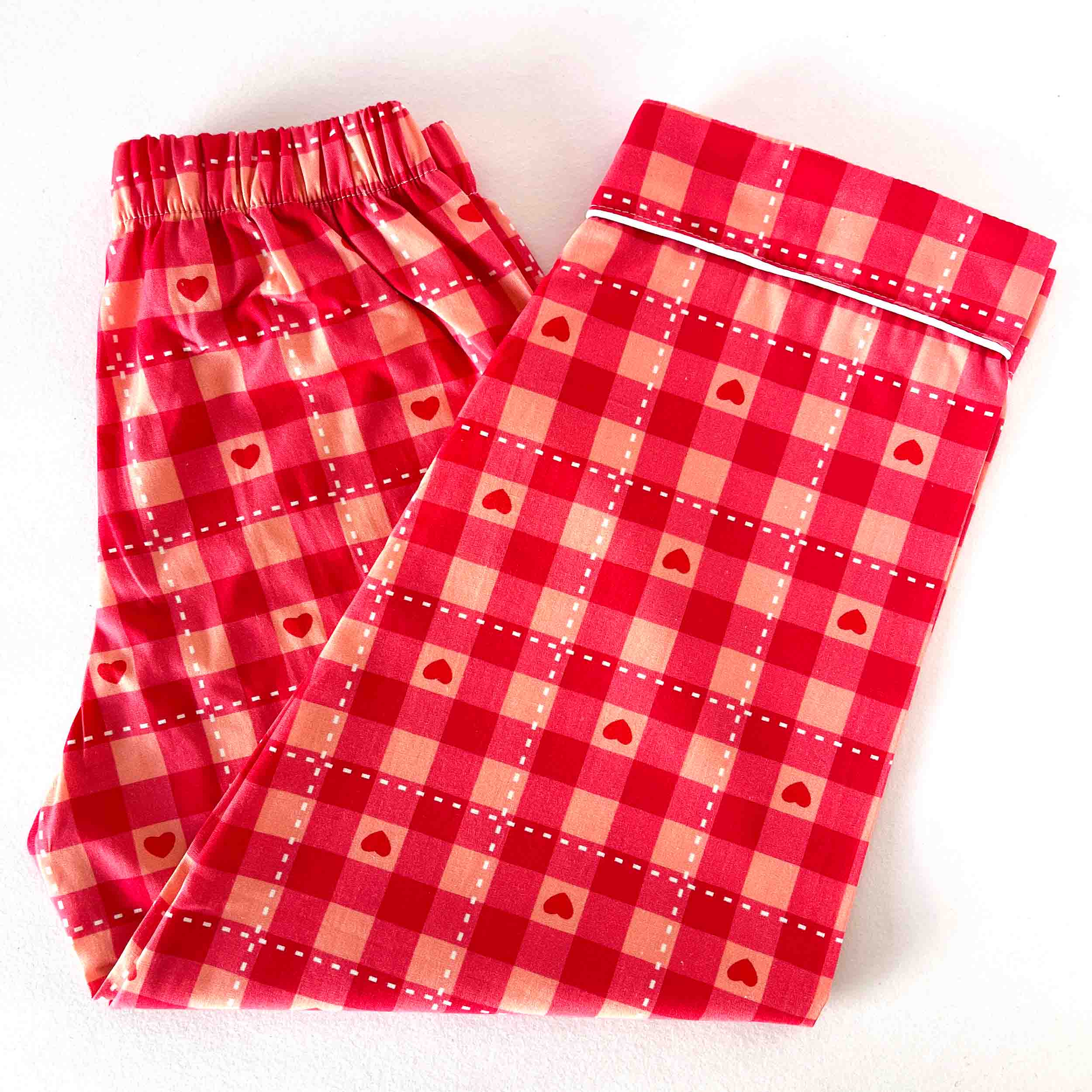 Kids red check cotton pajama with heart print and comfortable elastic waistband