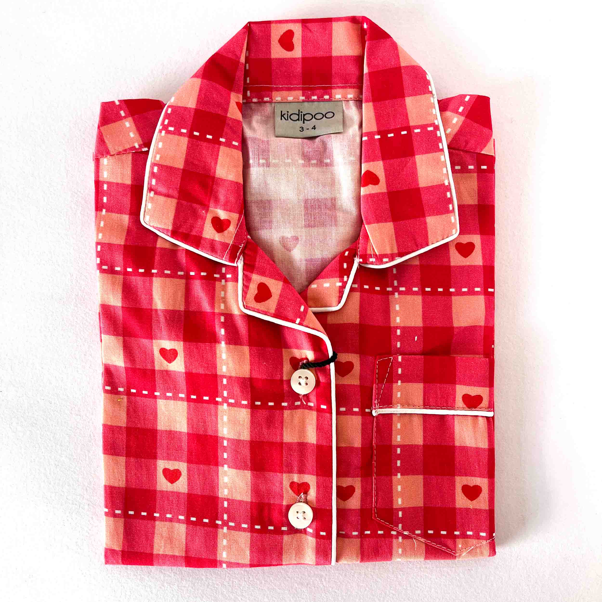 Kids red check cotton night shirt with heart print and long sleeve button-down style