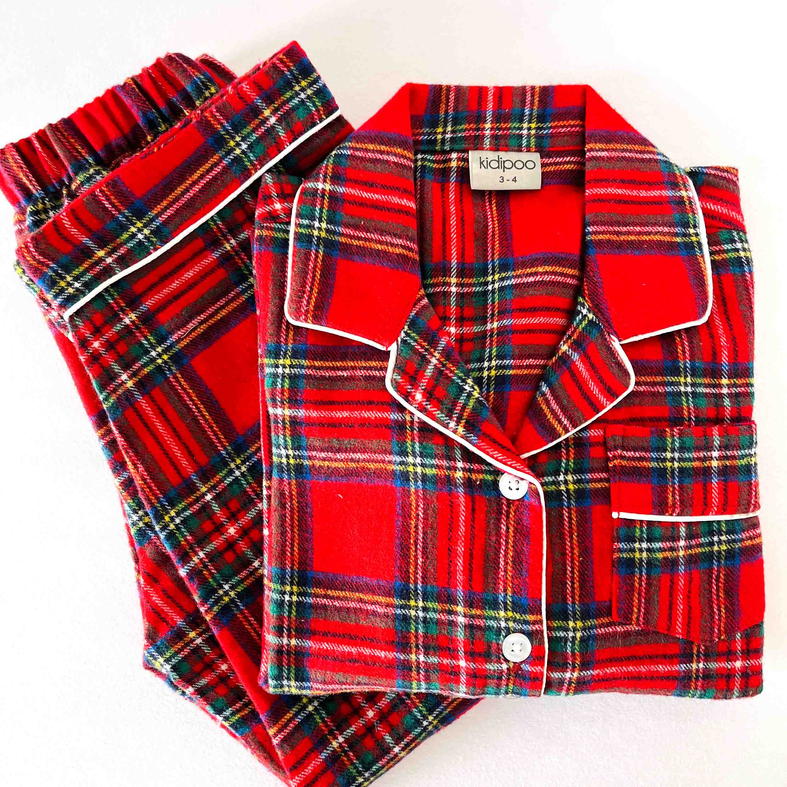 Kids red flannel checkered cotton night suit with full sleeve shirt and matching full length pajama soft warm winter sleepwear set for boys and girls