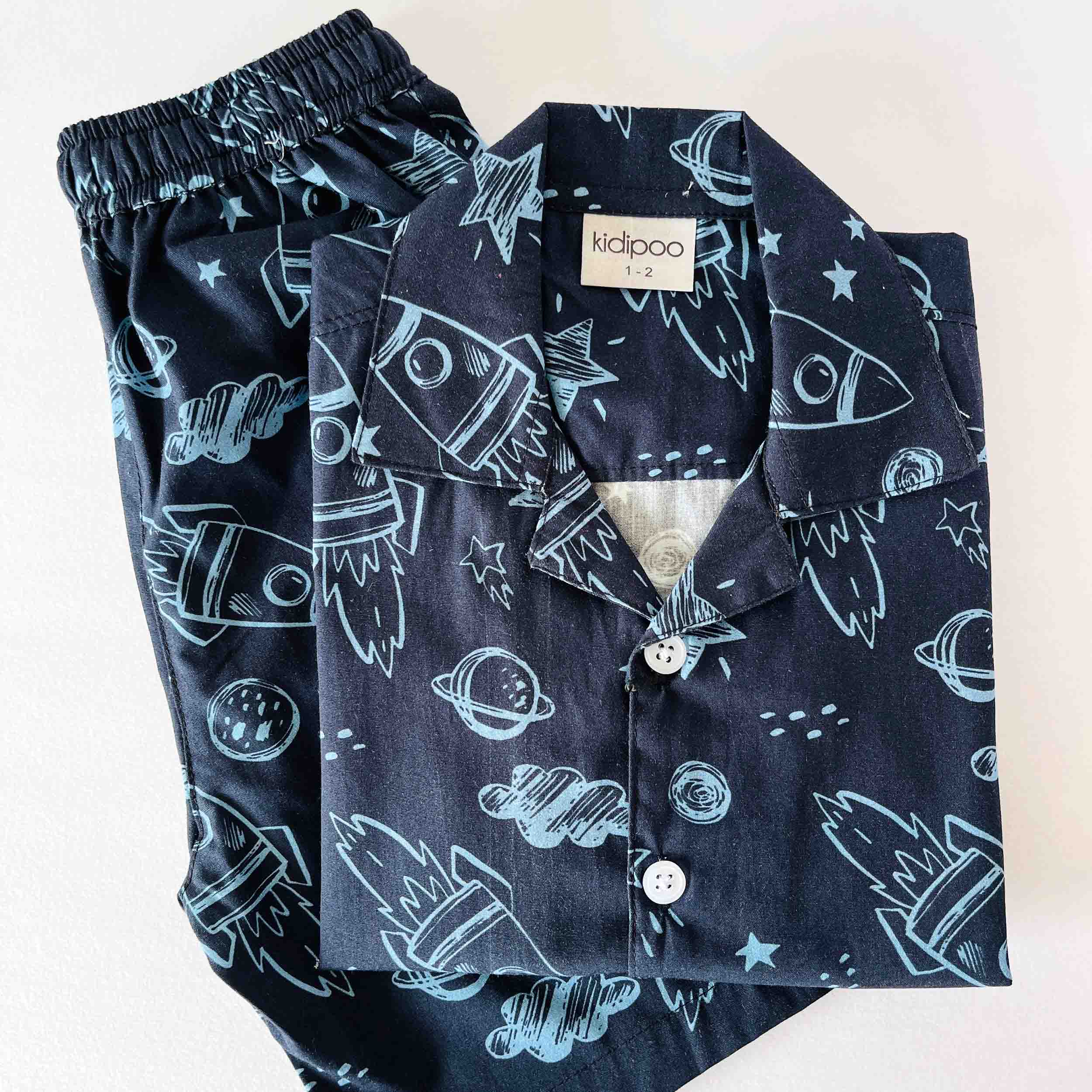 Kids navy blue rocket print co-ord set shirt and shorts cotton summer outfit