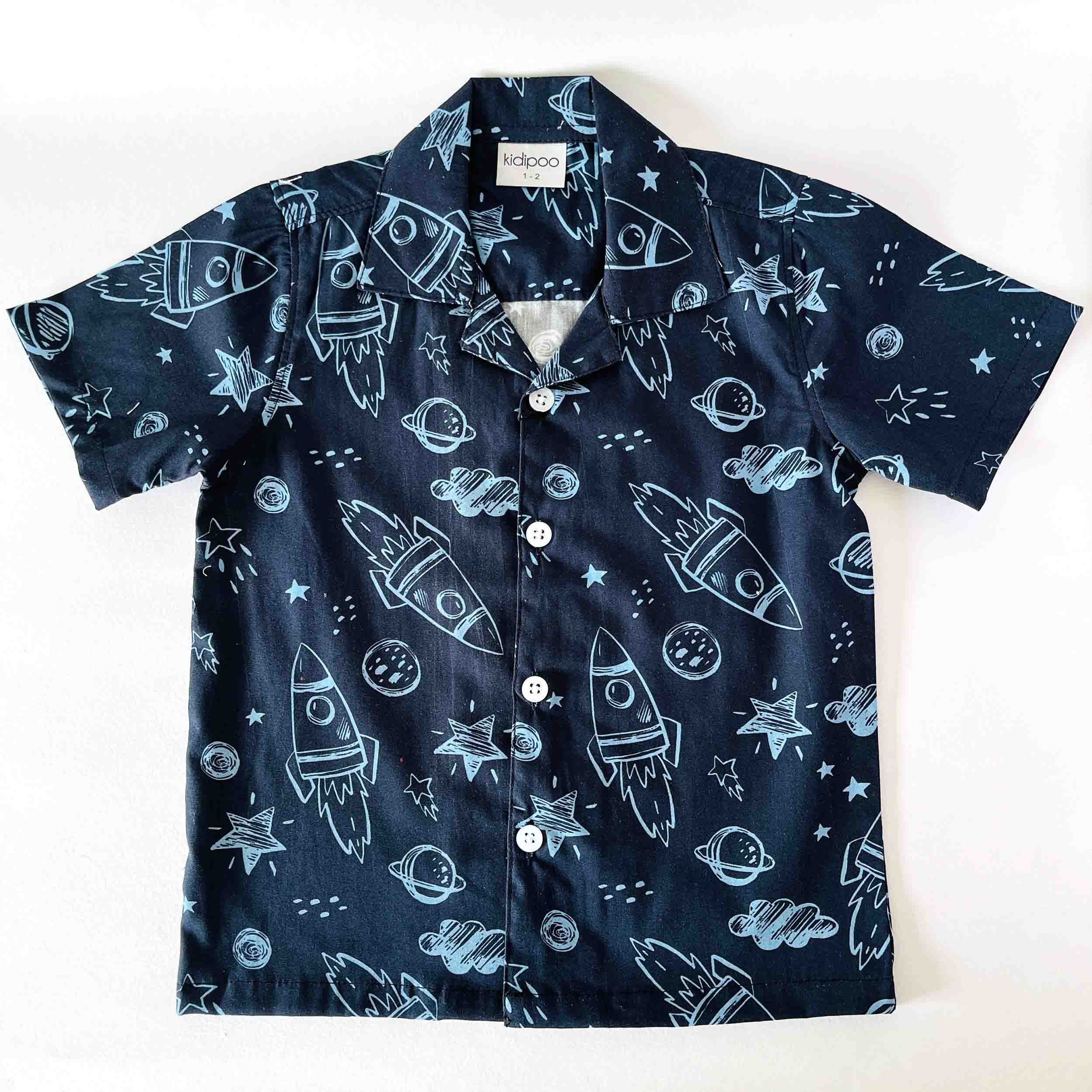 Kids navy blue rocket doodle print shirt half sleeve cotton front view