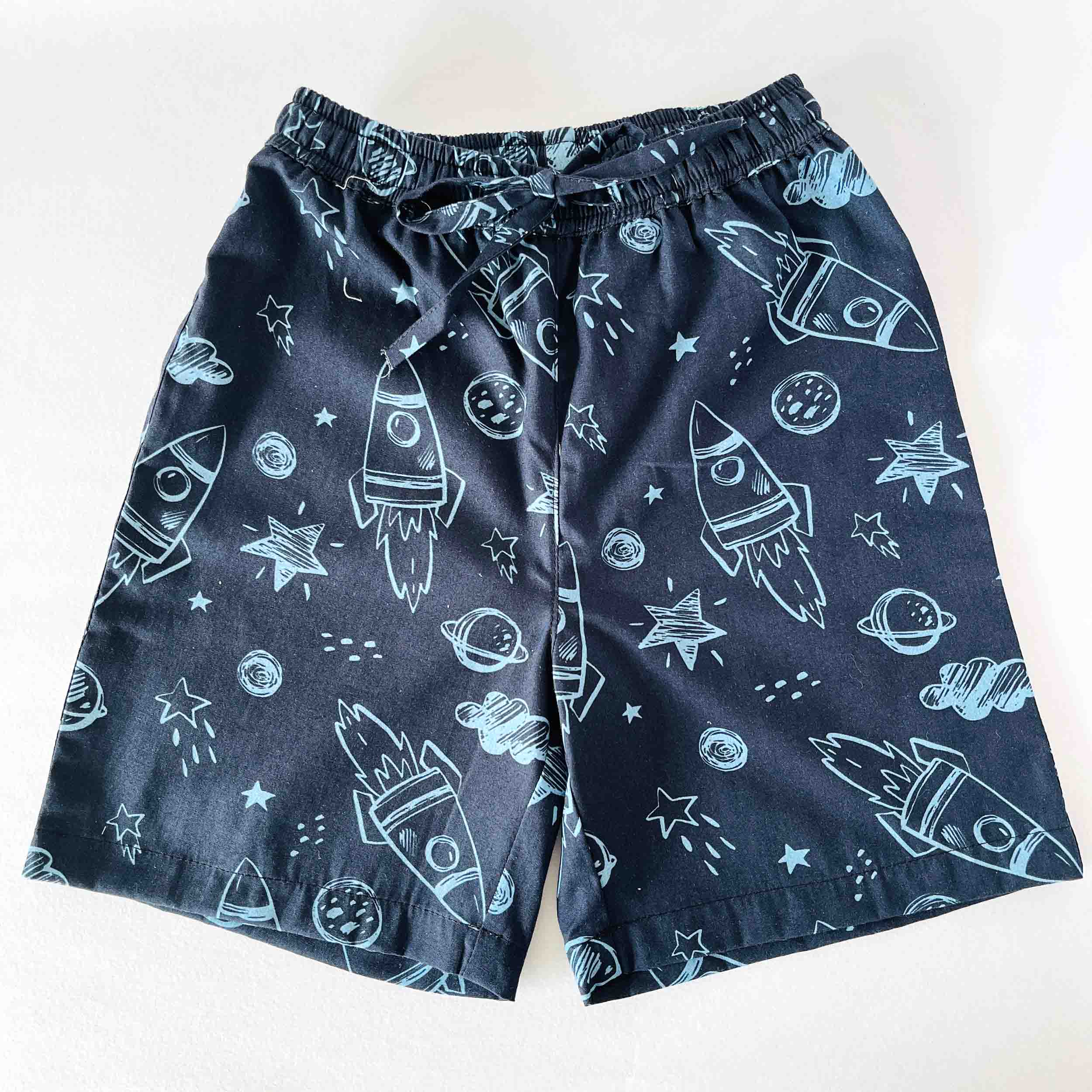 Kids navy blue rocket print shorts elastic waist cotton summer wear