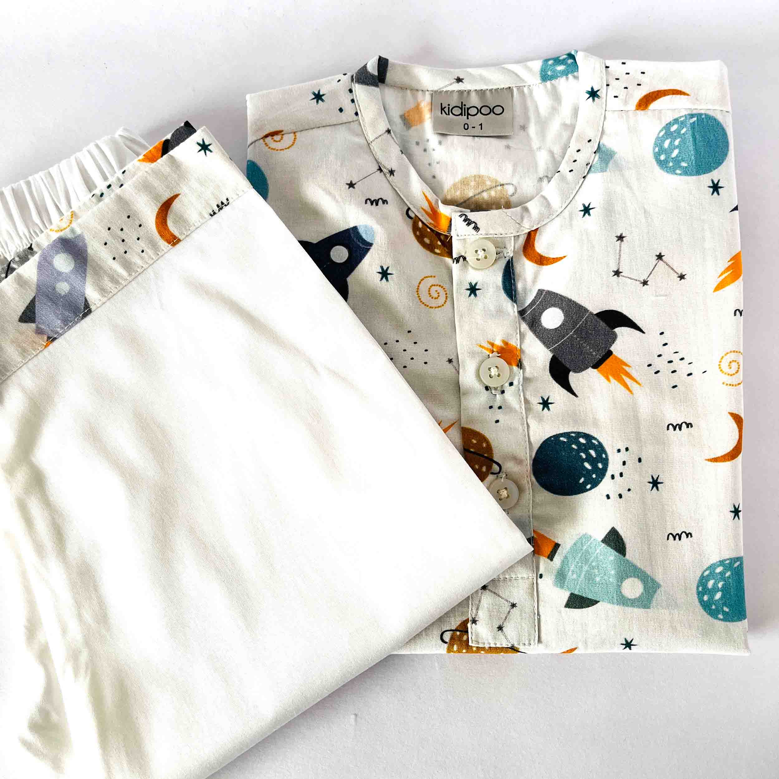 Kids rocket print cotton kurta pajama set with long sleeve shirt and elastic waist pants soft breathable nightwear for boys and girls