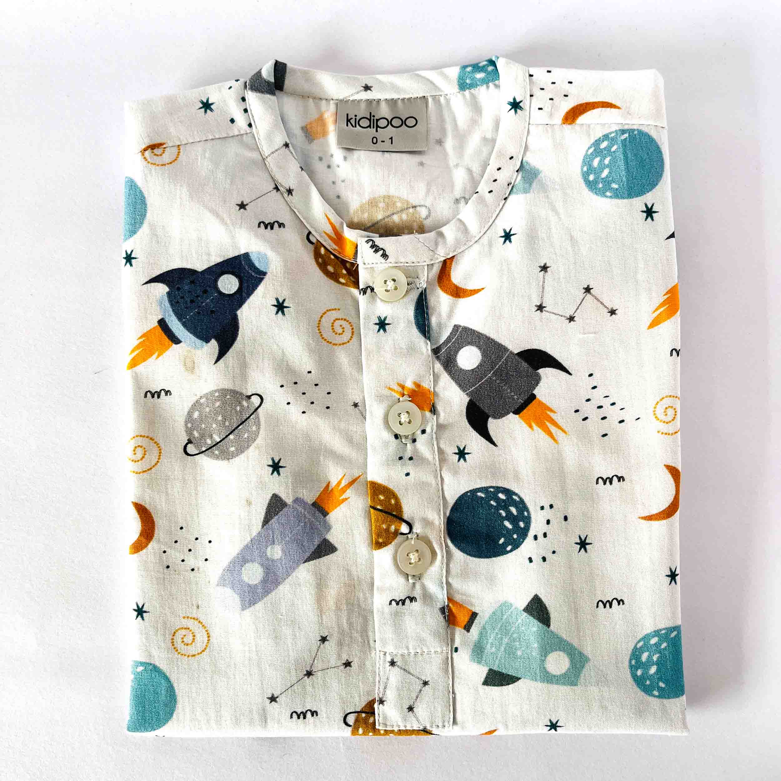 Kids white cotton kurta shirt with rocket print long sleeves soft breathable comfortable nightwear top for boys and girls