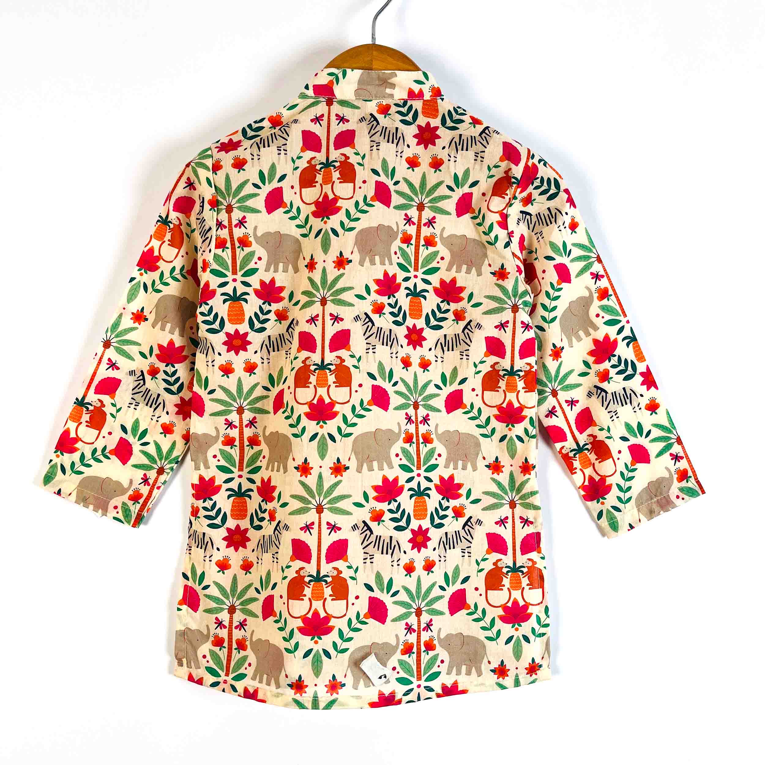 Back view of boys Royal Safari printed cotton kurta with full sleeves and mandarin collar