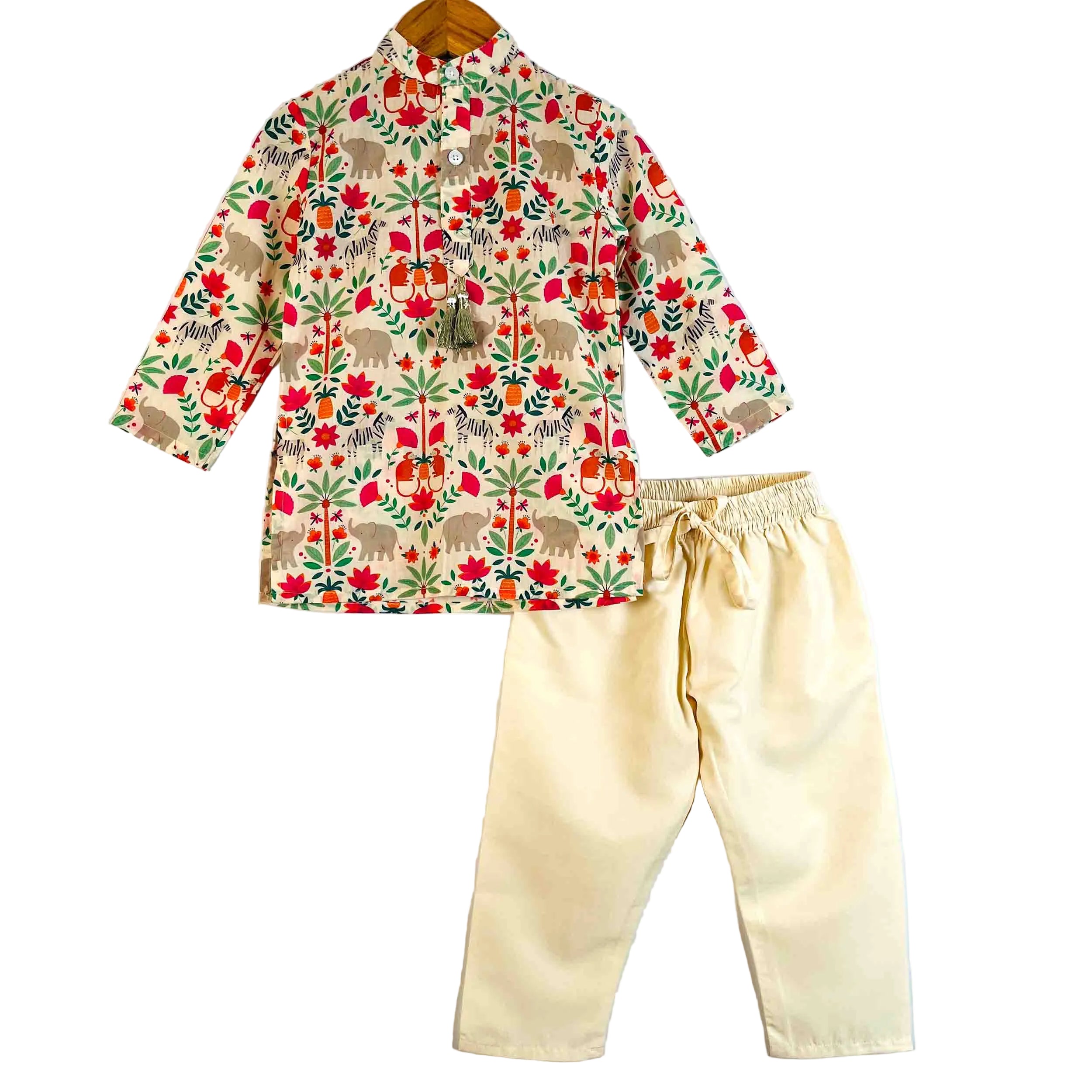 Boys Royal Safari printed cotton kurta and pajama set with full sleeves and mandarin collar