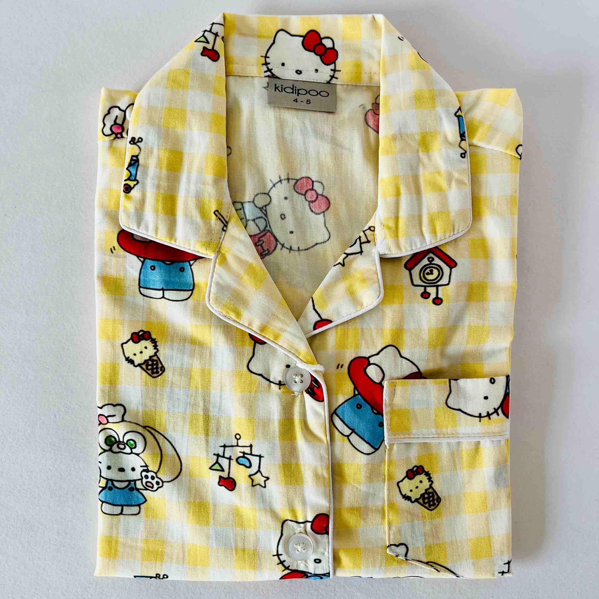 Kids yellow checkered kitty cat cartoon night suit with cute cat print comfy cotton sleepwear set