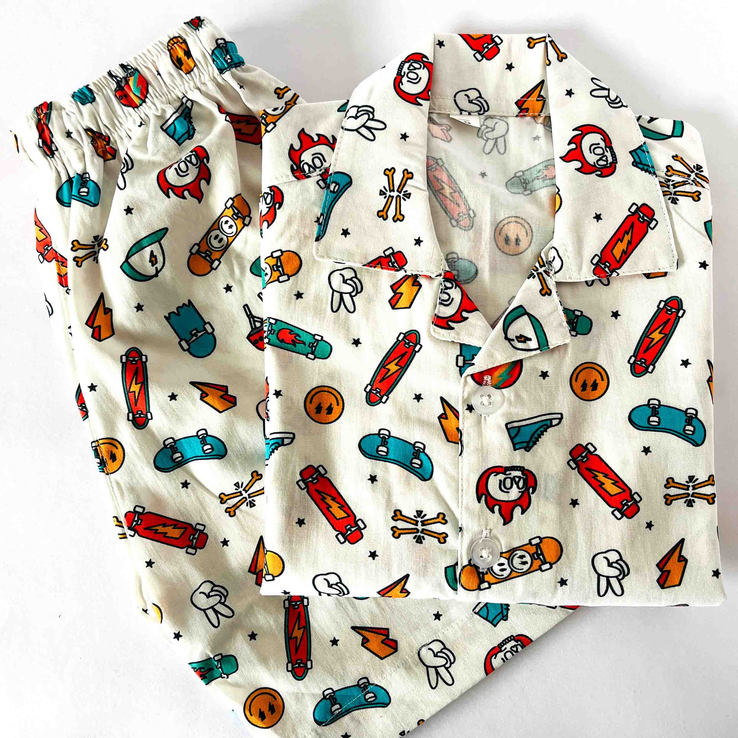 Kids white skateboard print co-ord set shirt and shorts cotton summer outfit
