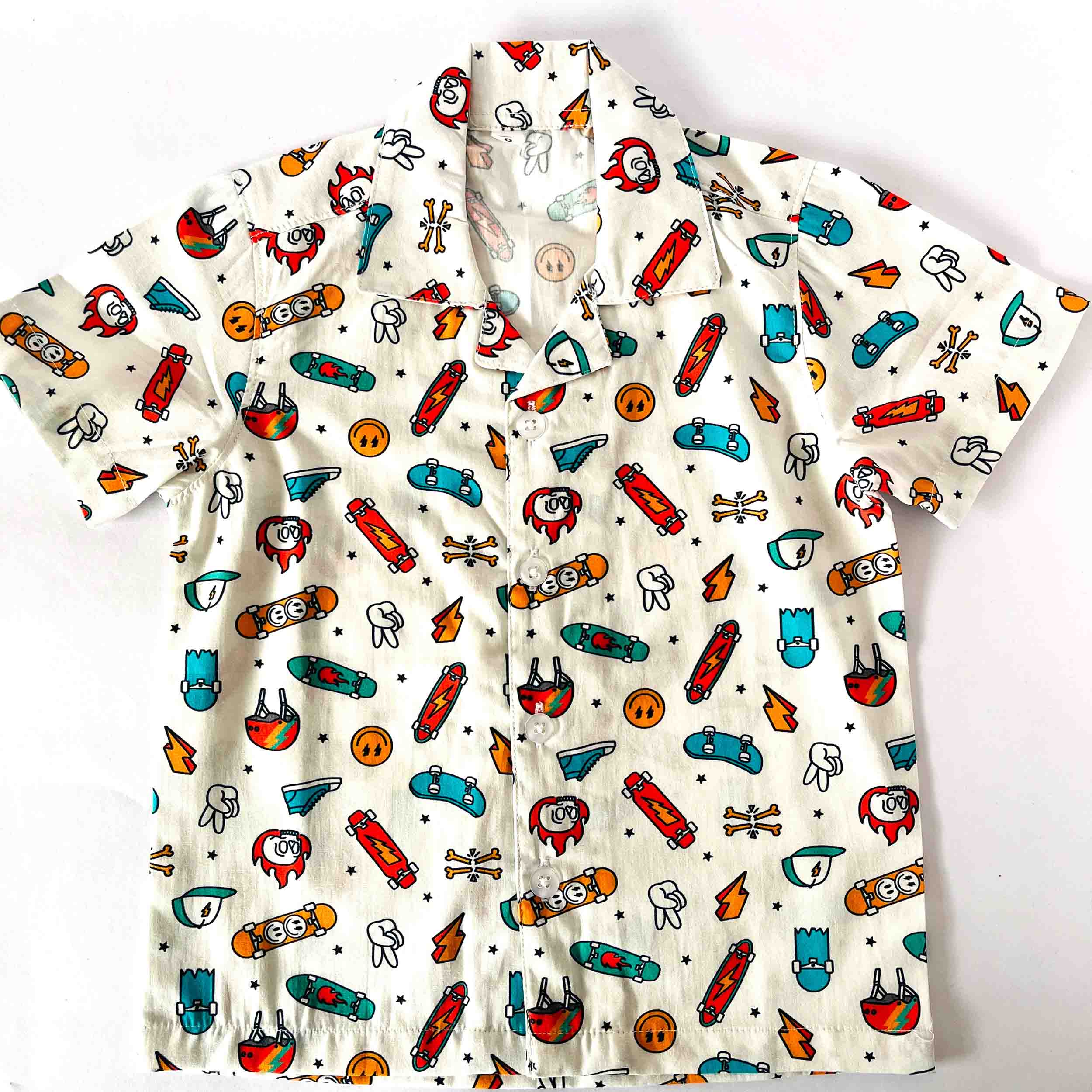 Kids white cotton shirt with skateboard print half sleeve