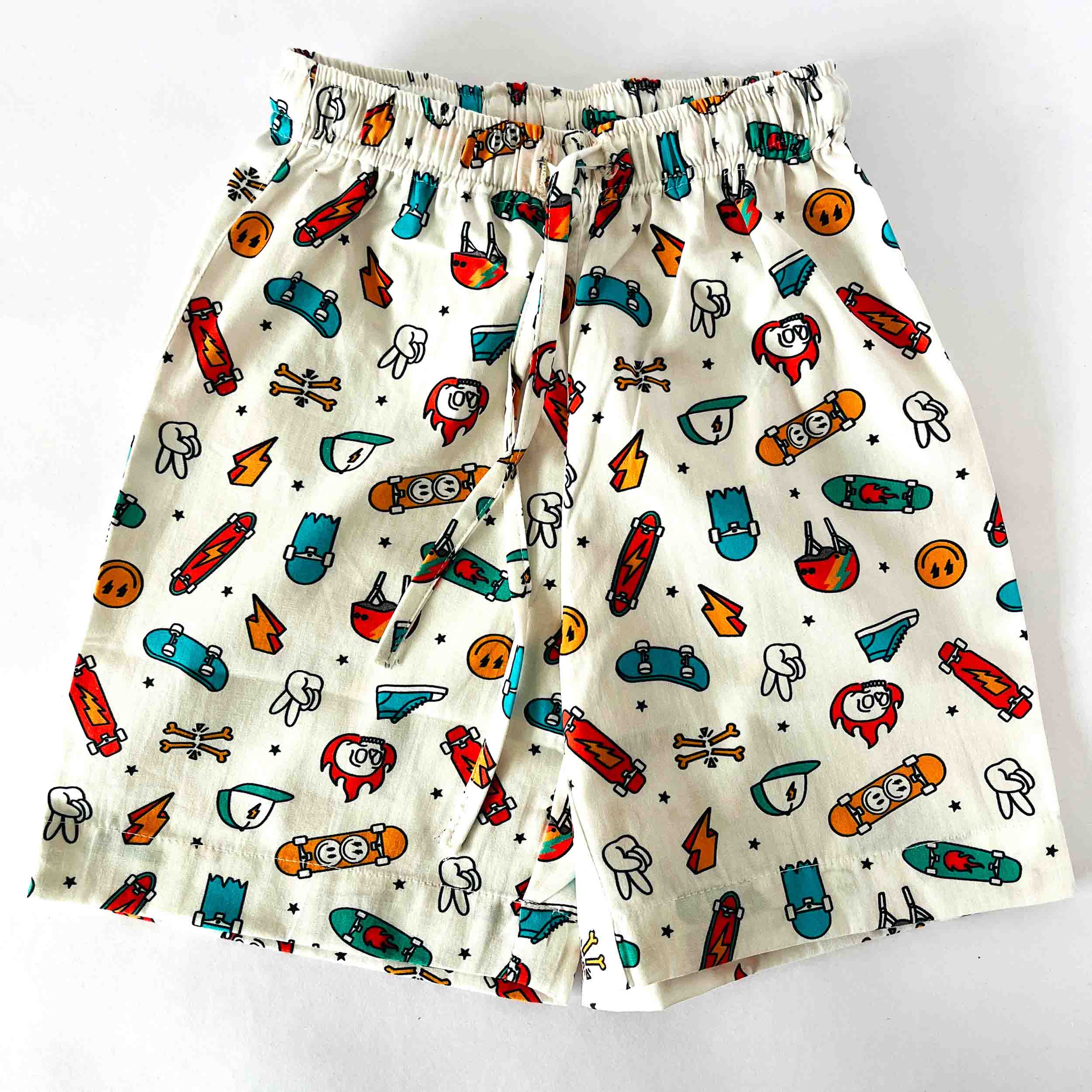 Kids white shorts with skateboard print elastic waist summer wear