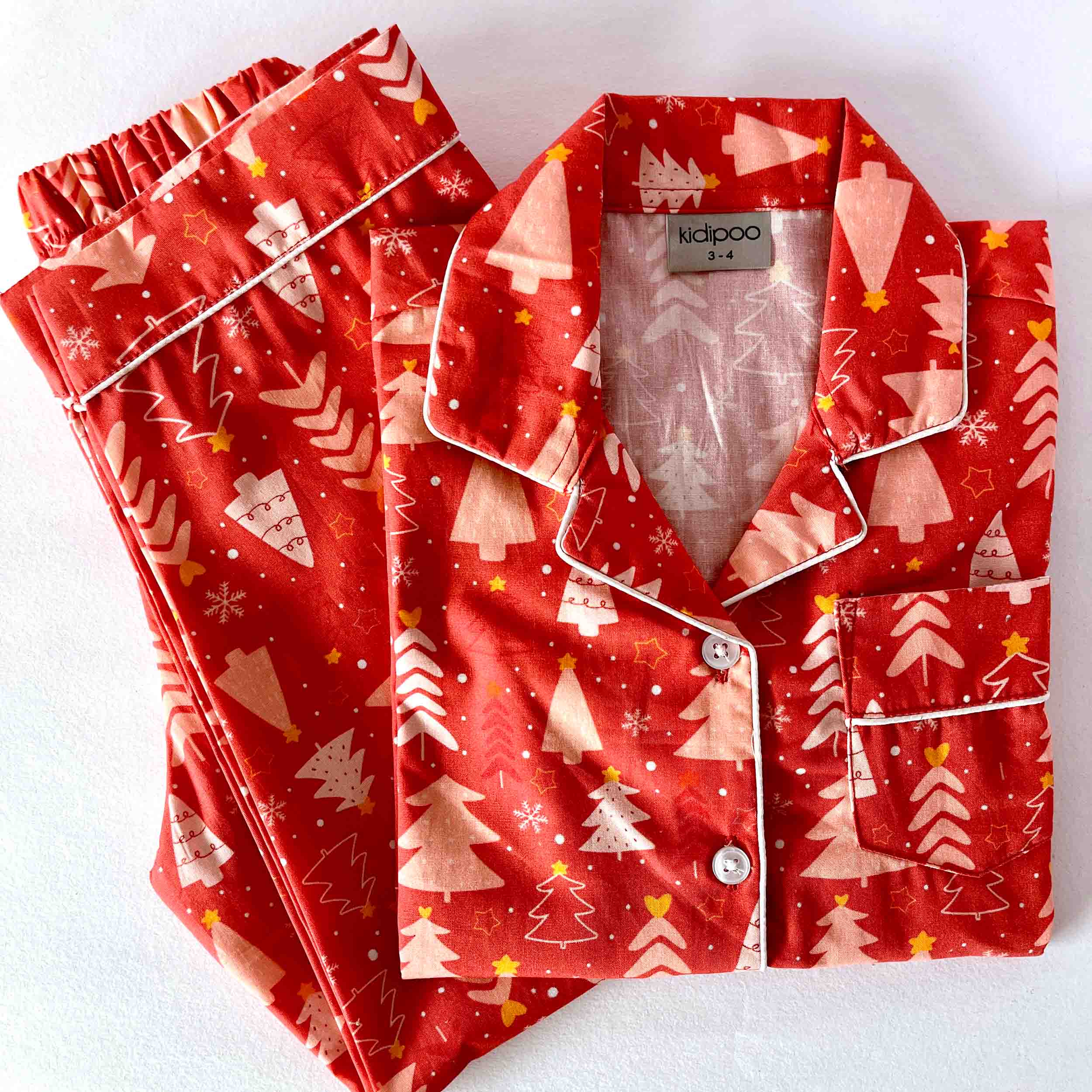 Red Christmas tree print kids night suit soft cotton sleepwear set folded view