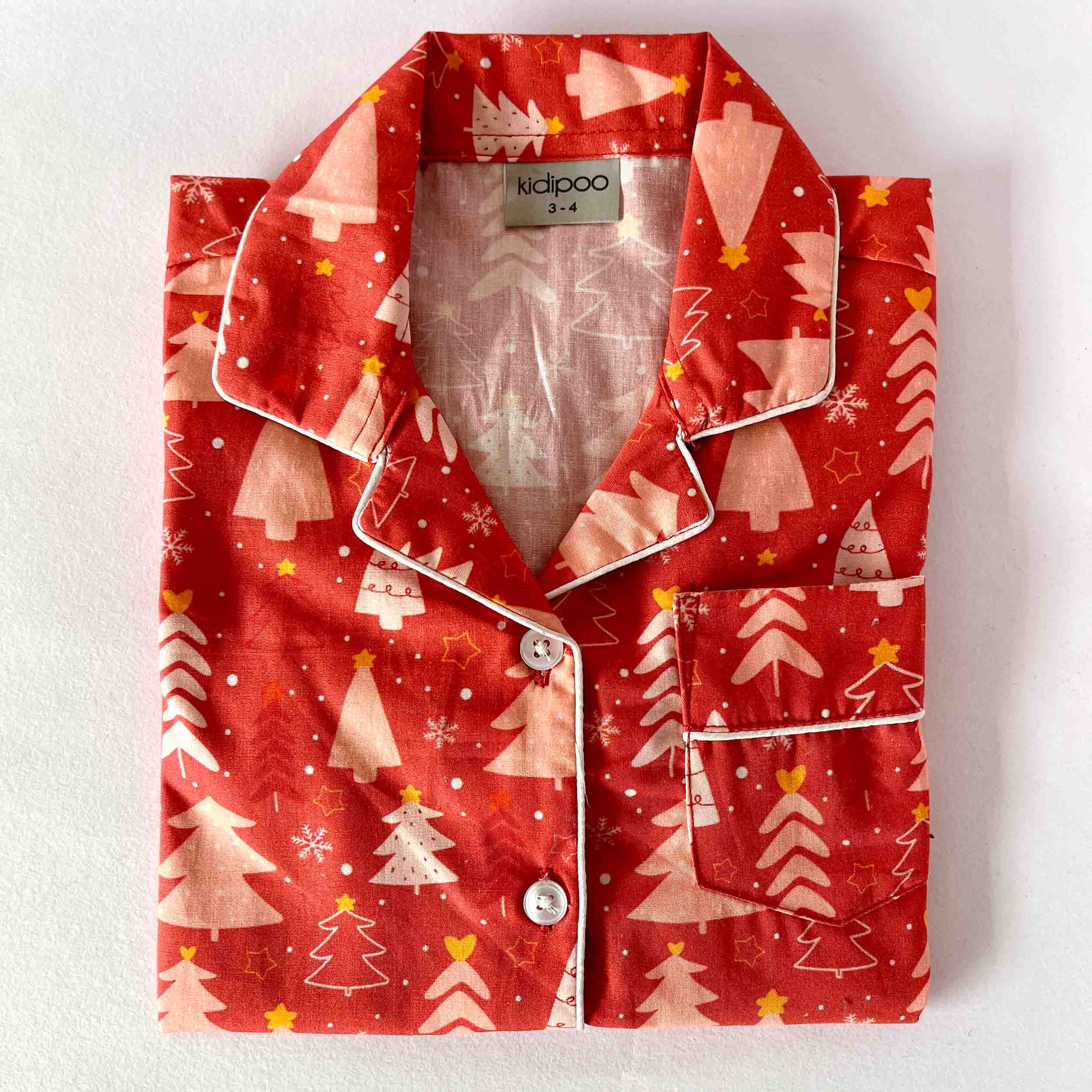 Kids red Christmas tree print night suit shirt front view soft cotton sleepwear top