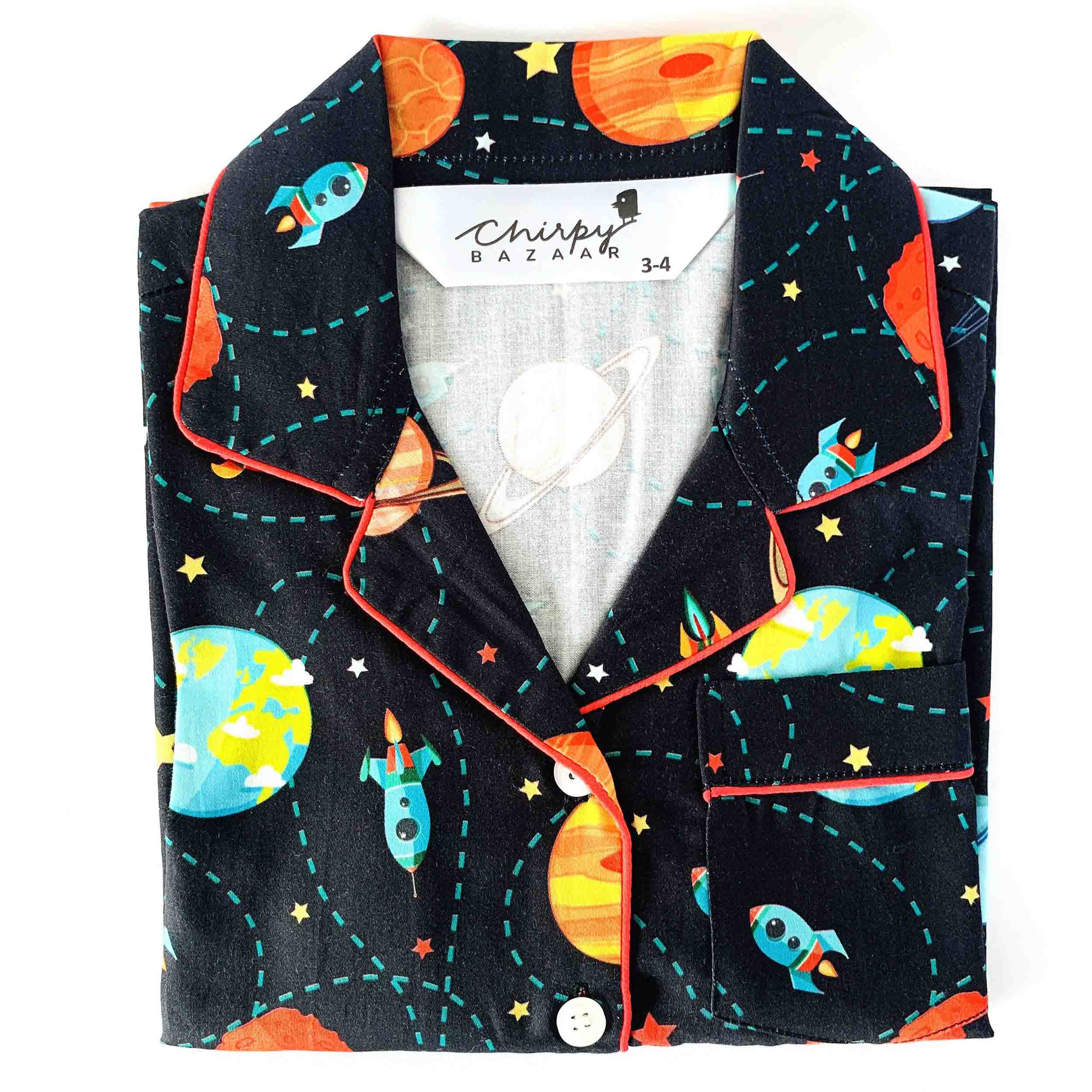 Kids black space print cotton night suit shirt with long sleeves button-down front and pocket soft breathable sleepwear top for boys and girls