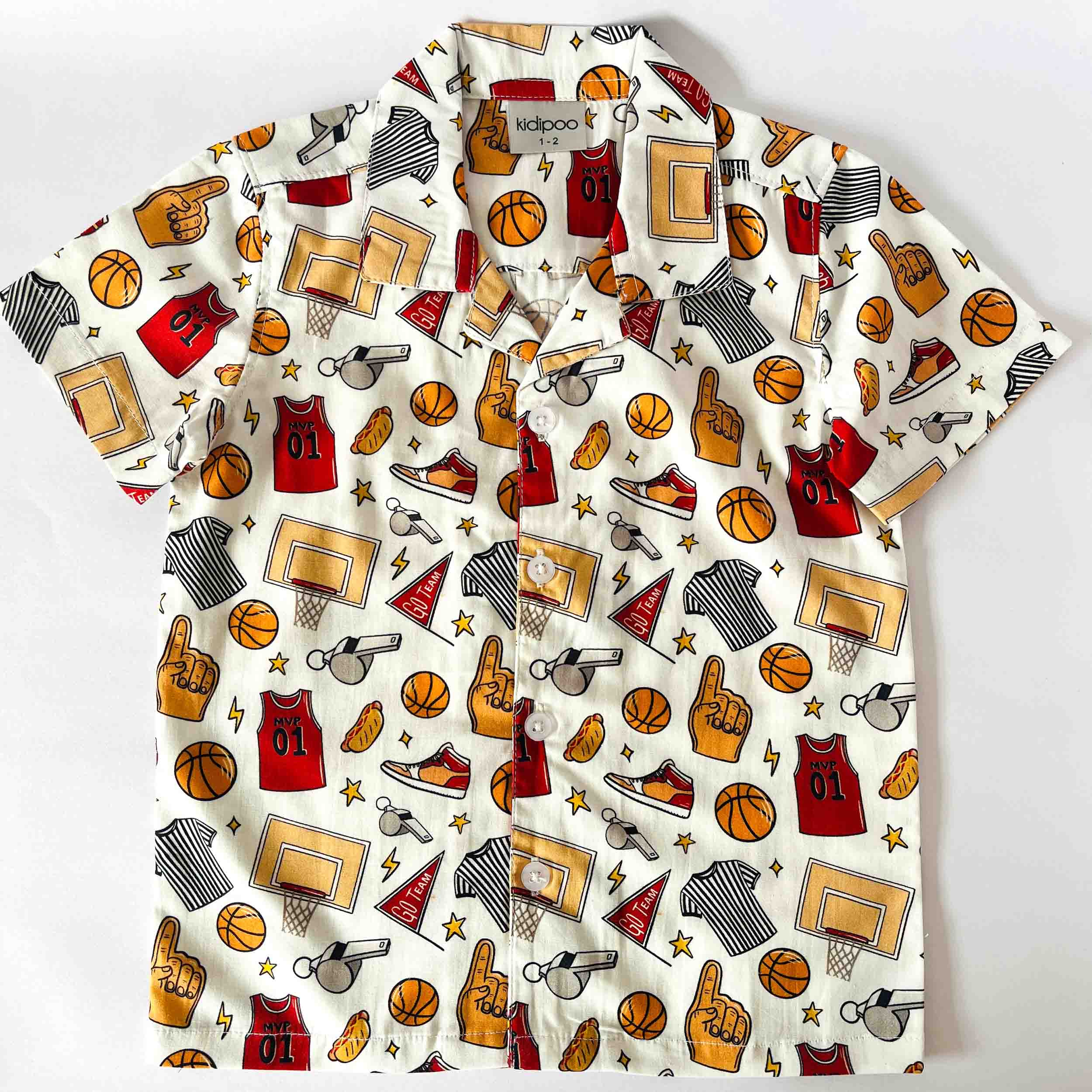 Kids cotton shirt with sporty basketball print and half sleeve front button style