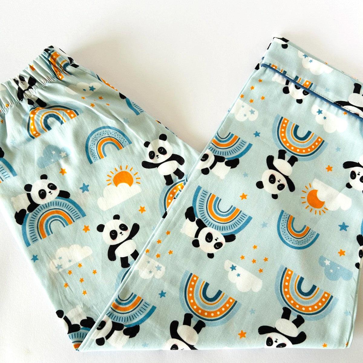 Kids light blue panda print cotton pants with elastic waistband soft breathable summer wear for boys and girls