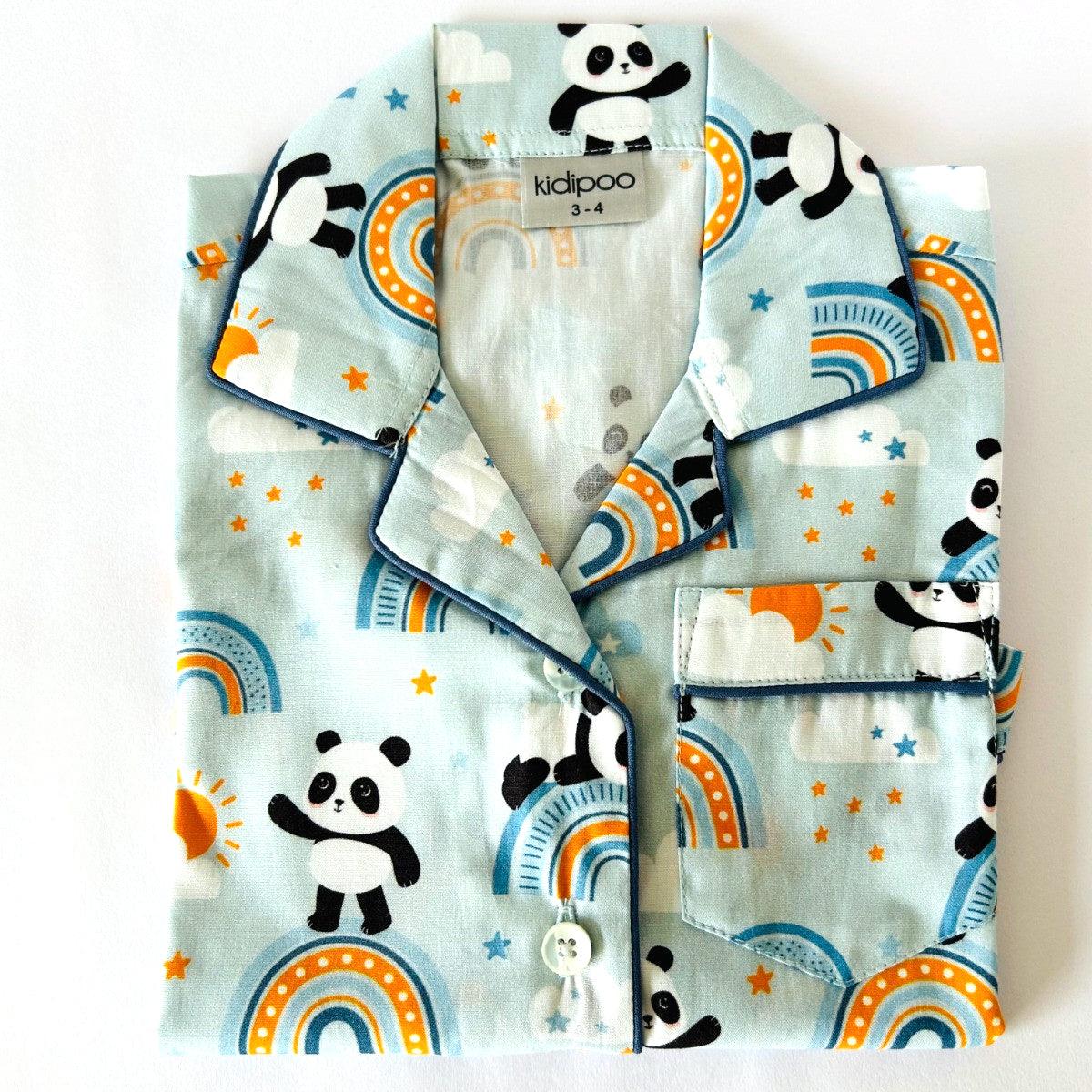 Kids light blue panda print cotton shirt with button-down front and pocket soft breathable summer outfit for boys and girl