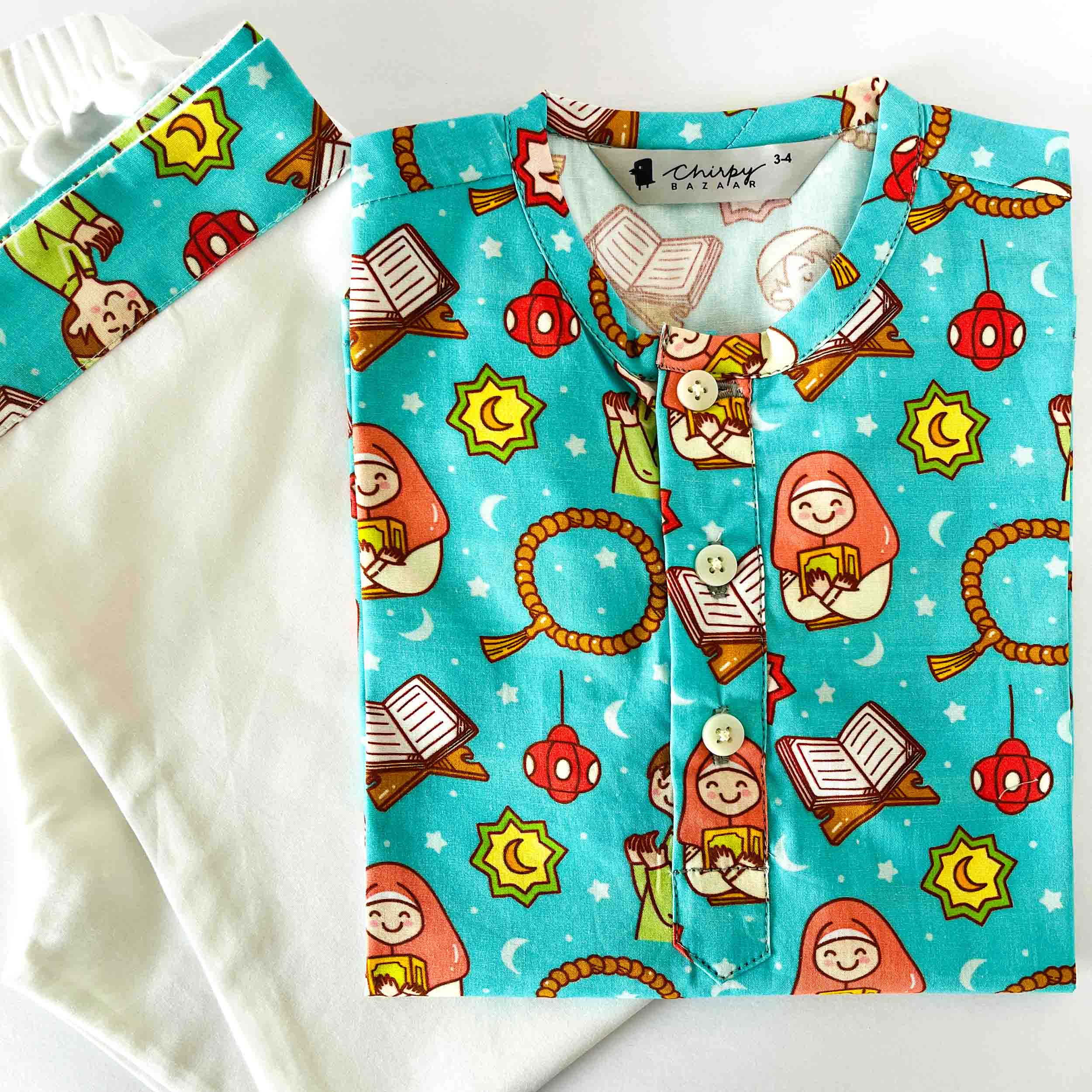 kids turquoise cartoon print cotton kurta pajama set with white pajama soft comfortable ethnic wear