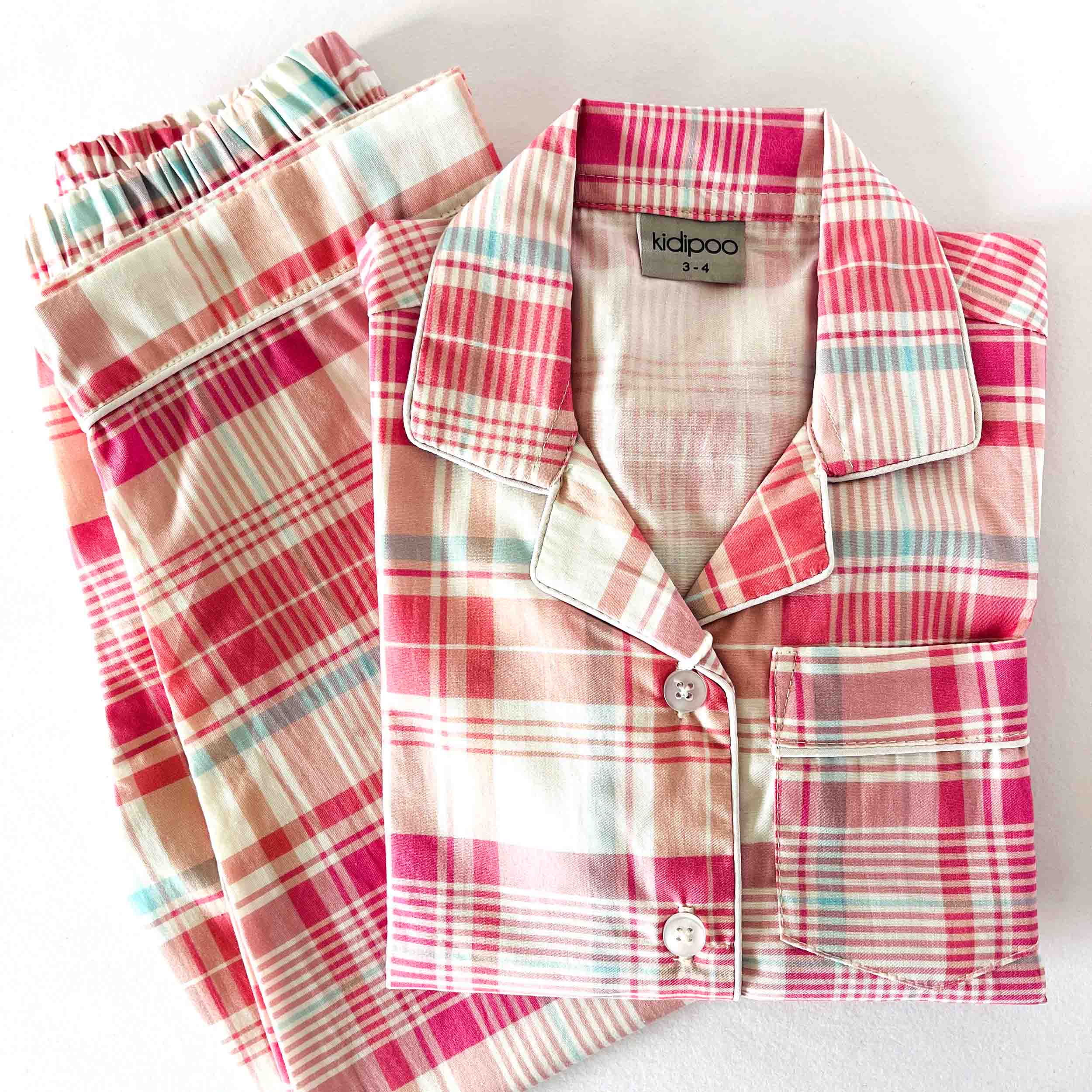 Kids multicolor check cotton night suit with long sleeve front button shirt and pajama set