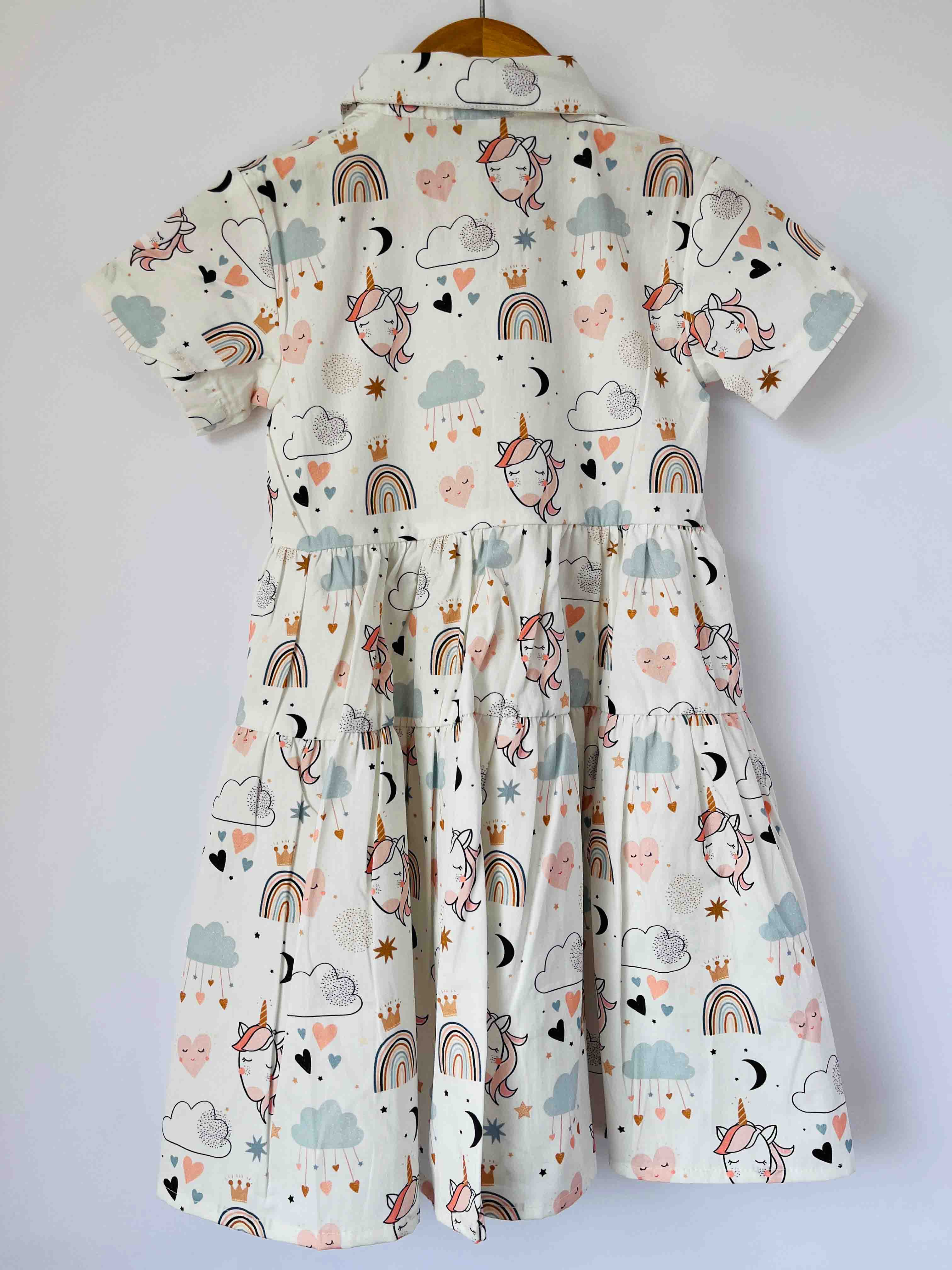 girls unicorn printed dress, back design with gathered waist detail