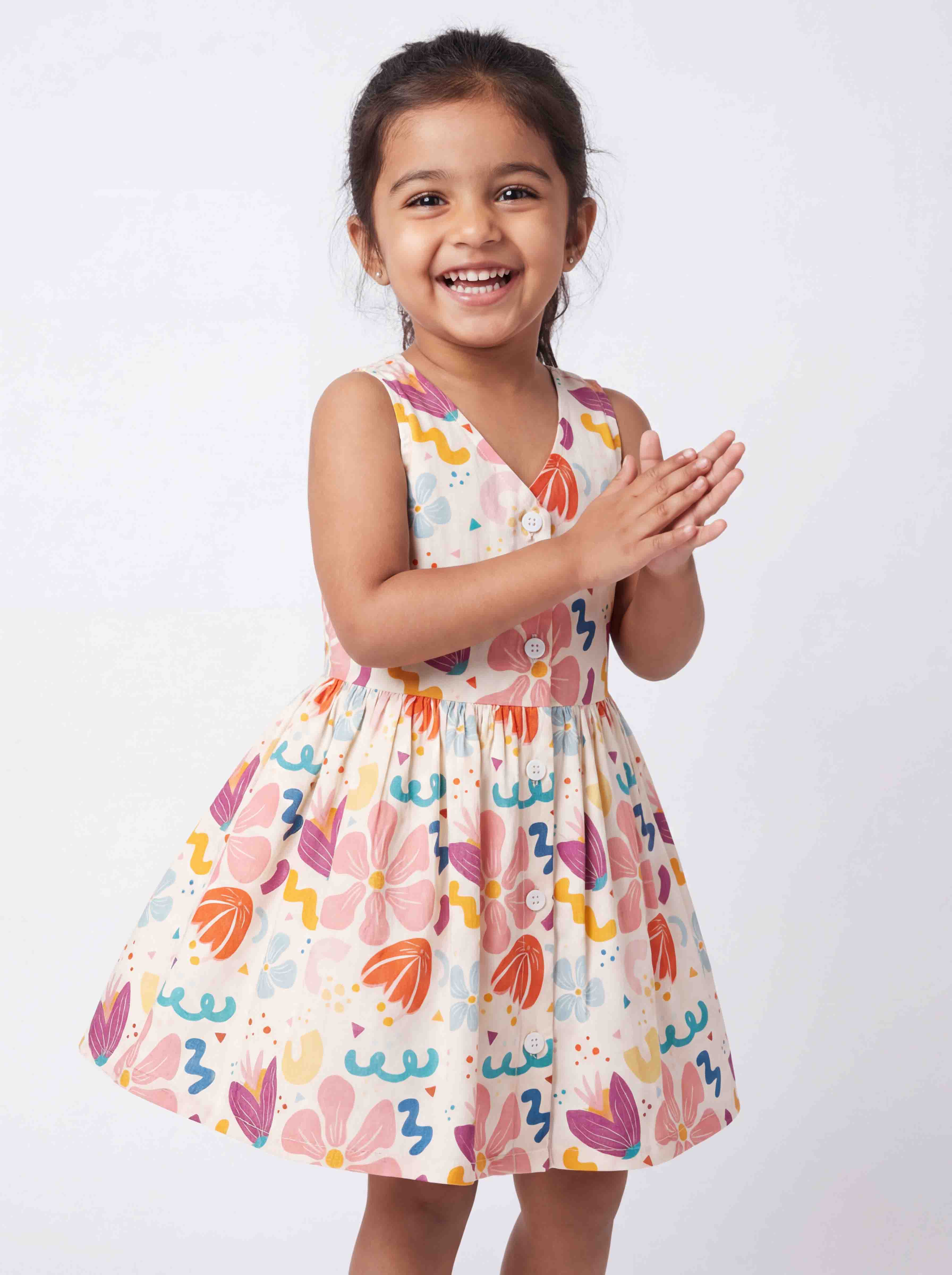 Kids cotton floral sleeveless dress for girls soft breathable summer outfit comfortable casual wear with colorful abstract print