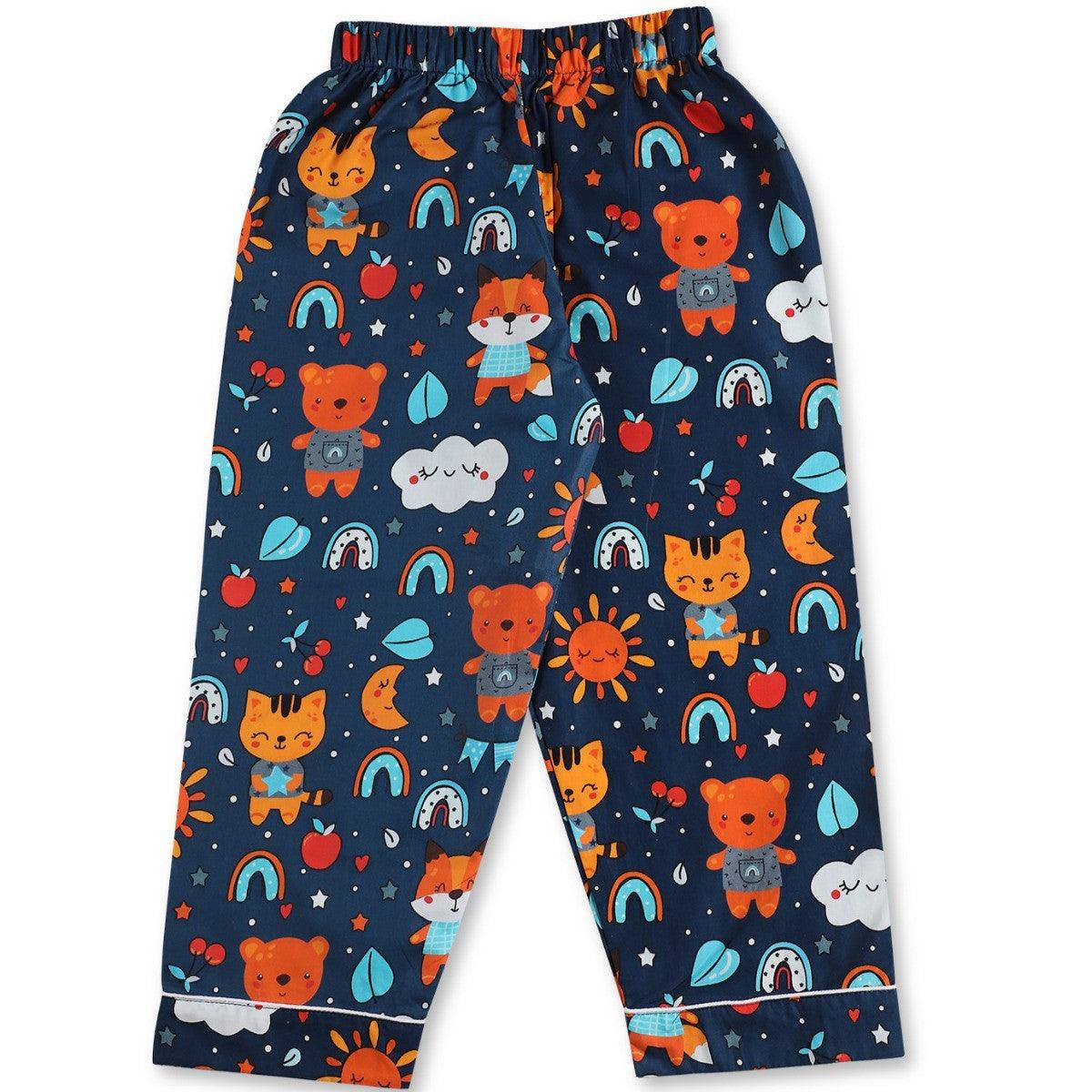 Kids navy blue cartoon print cotton pajama with elastic waist soft breathable sleepwear bottom for boys and girls

