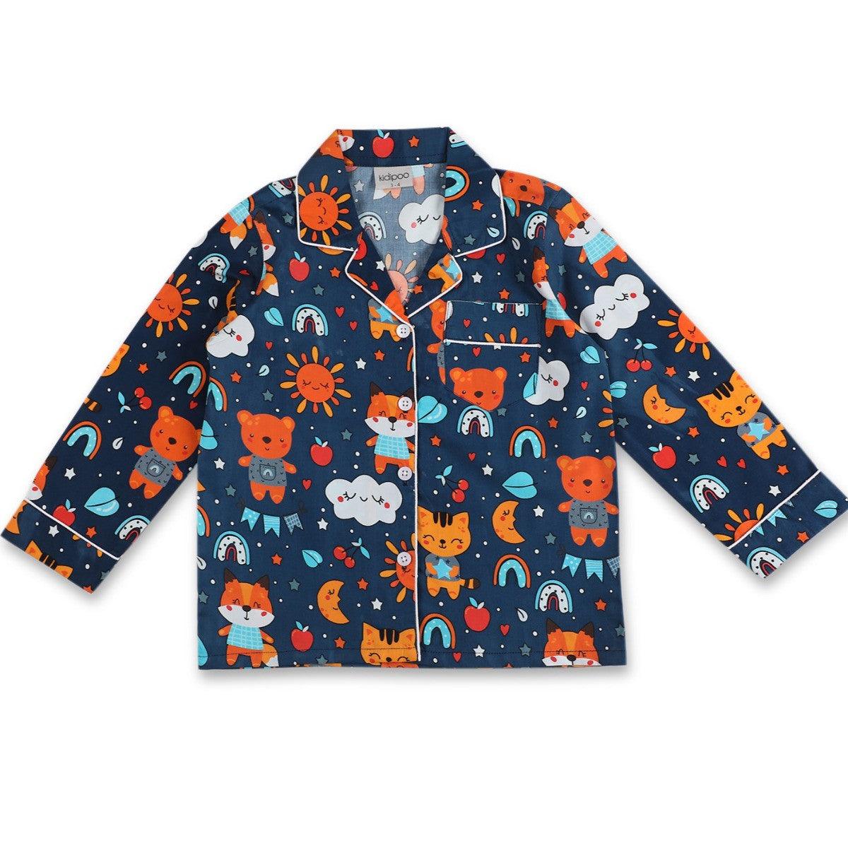 Kids navy blue cartoon print cotton full sleeve shirt with front button closure soft breathable sleepwear top for boys and girls
