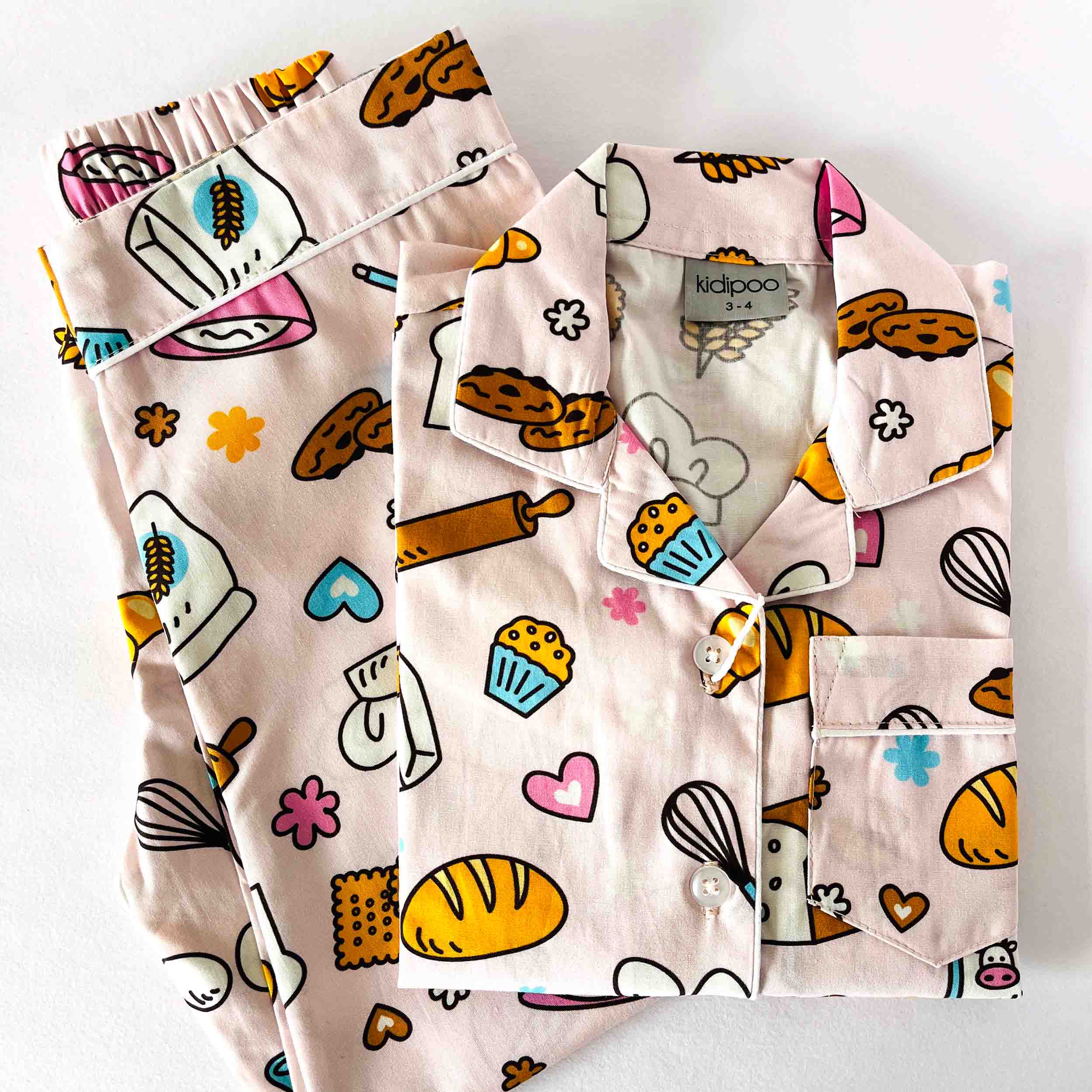 Fun bakery theme kids cotton sleepwear set with long sleeve shirt and elastic waist pajama