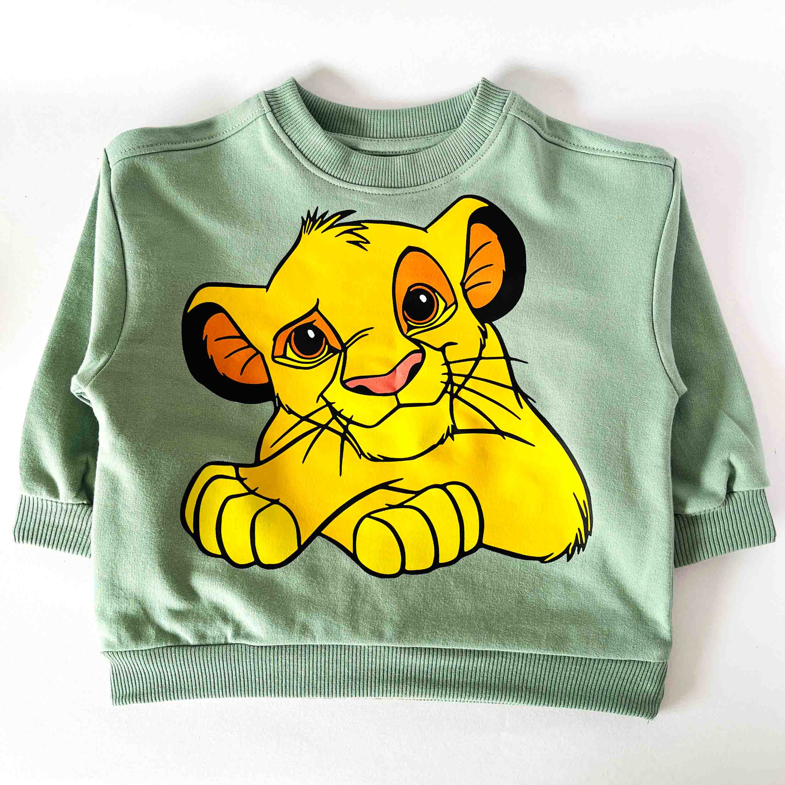 Kids green sweatshirt with adorable Simba lion face cartoon print front view cotton full sleeves