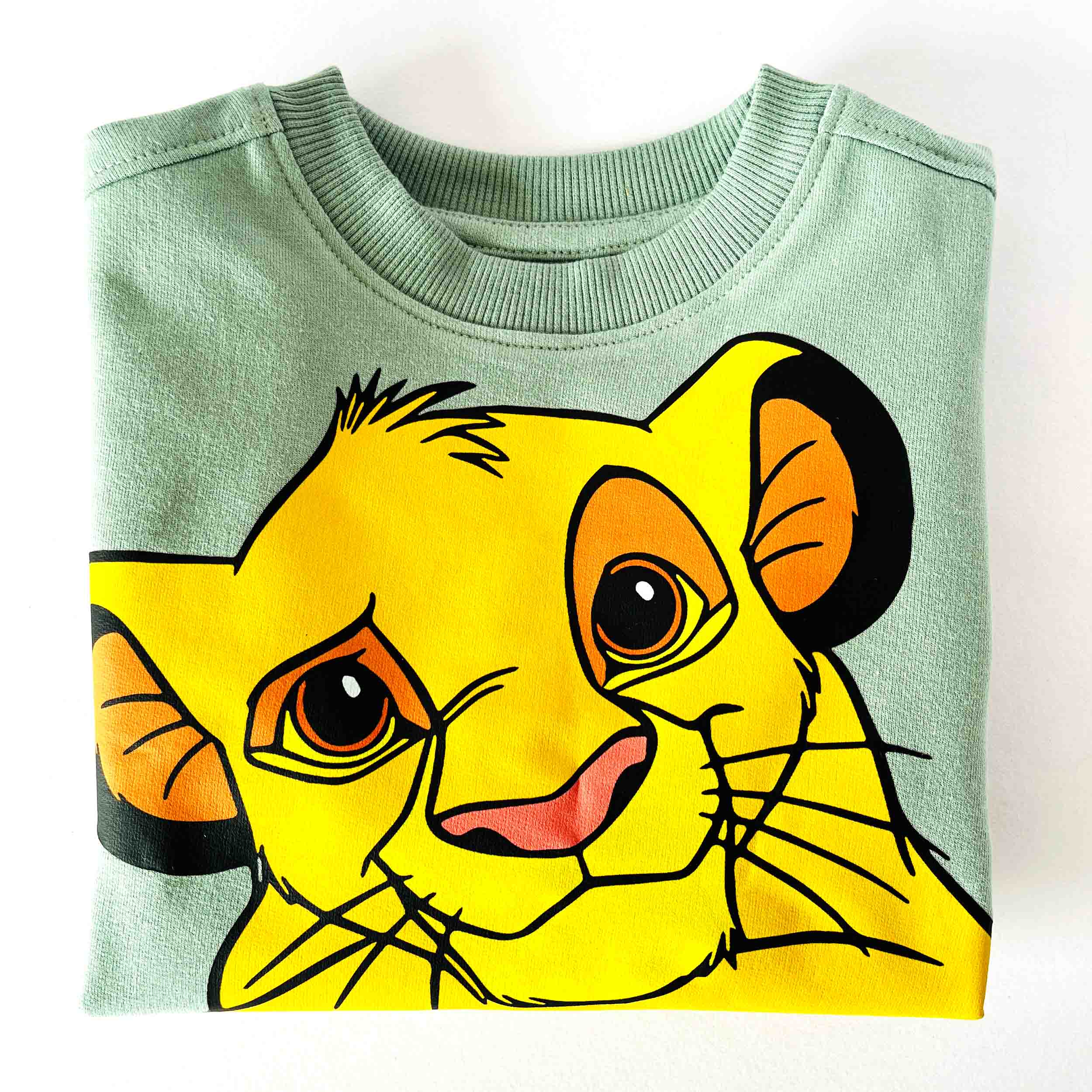 Green kids sweatshirt adorable simba lion face cartoon print close-up