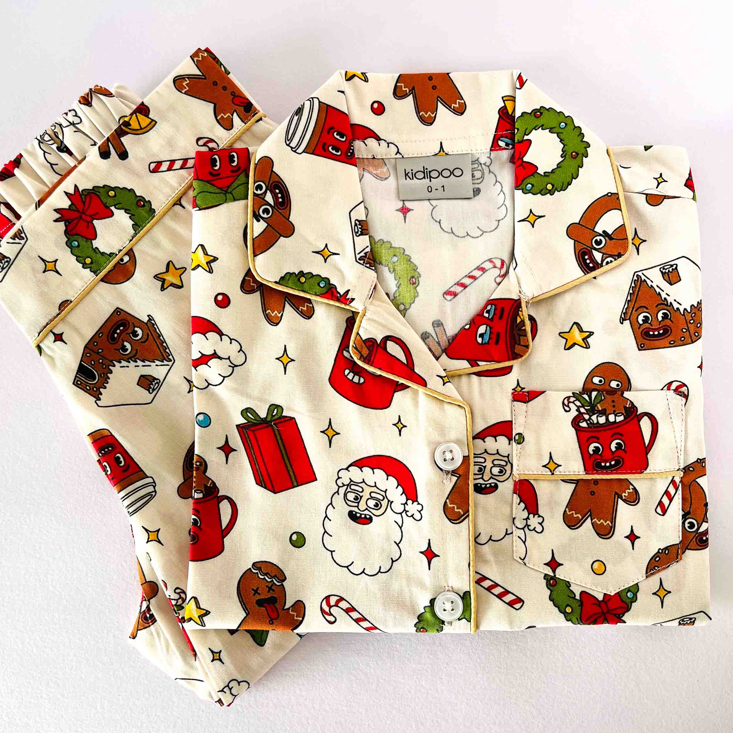 Beige Christmas print kids night suit soft cotton sleepwear set folded view