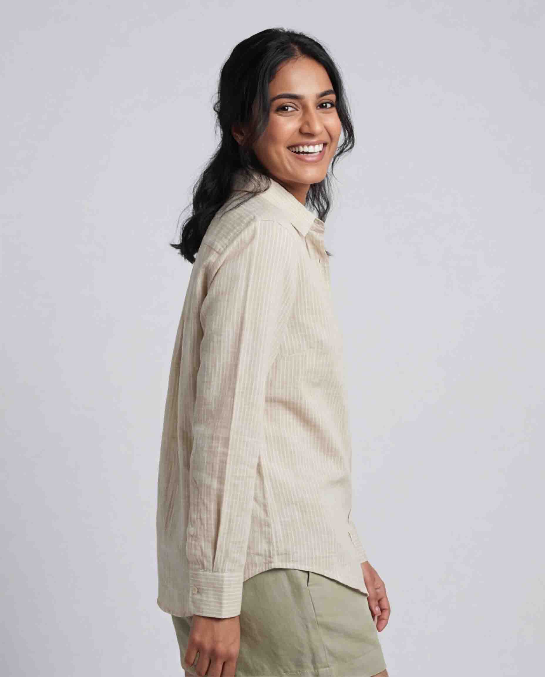 Beige striped women’s cotton linen shirt side view with lightweight casual fit
