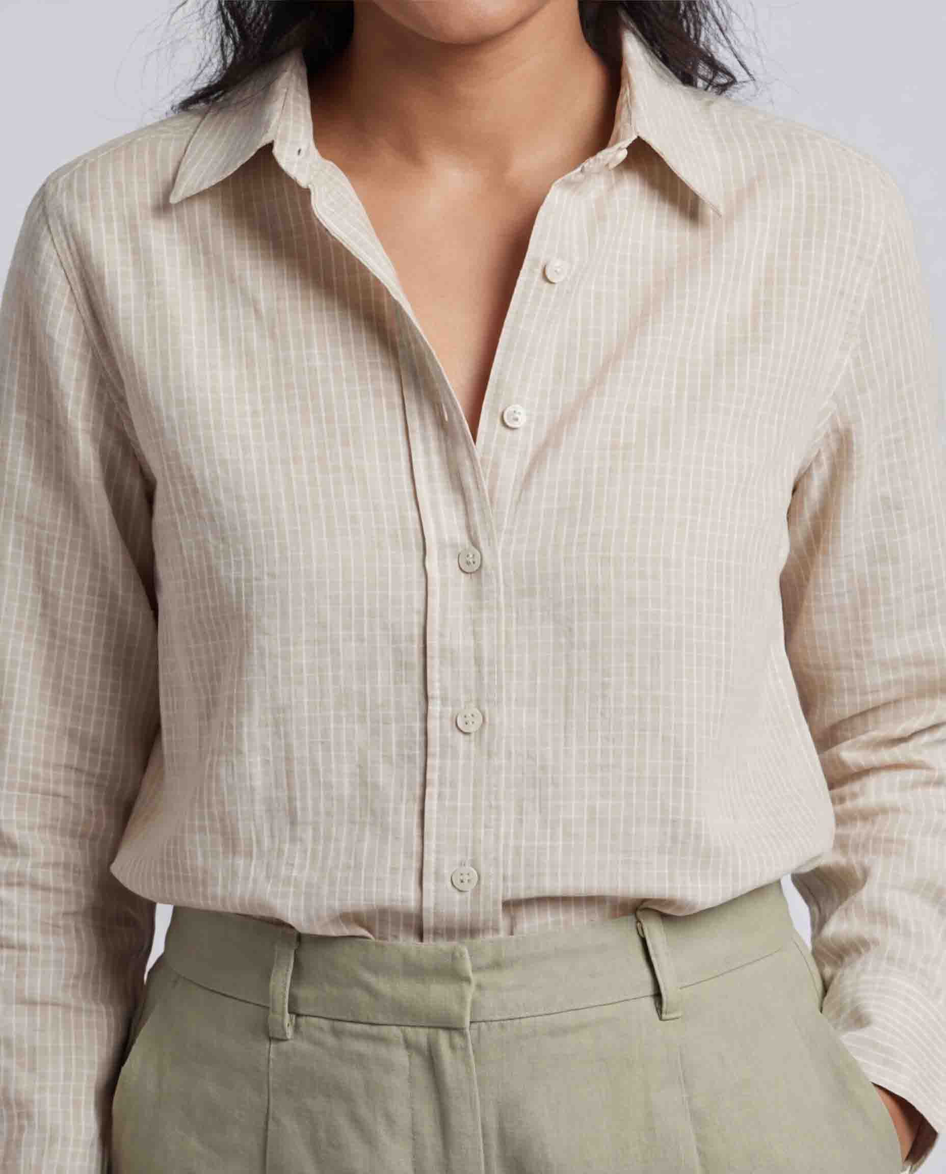 Beige striped women’s cotton linen shirt front view with lightweight casual fit 