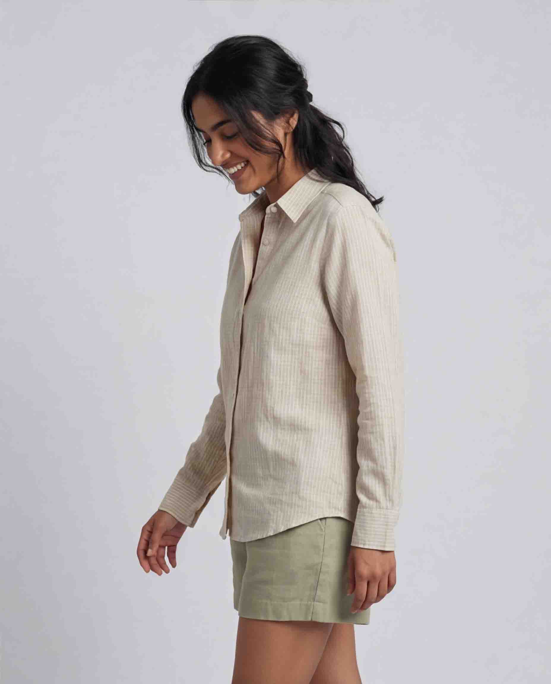 Beige striped women’s cotton linen shirt side view with relaxed lightweight fit 