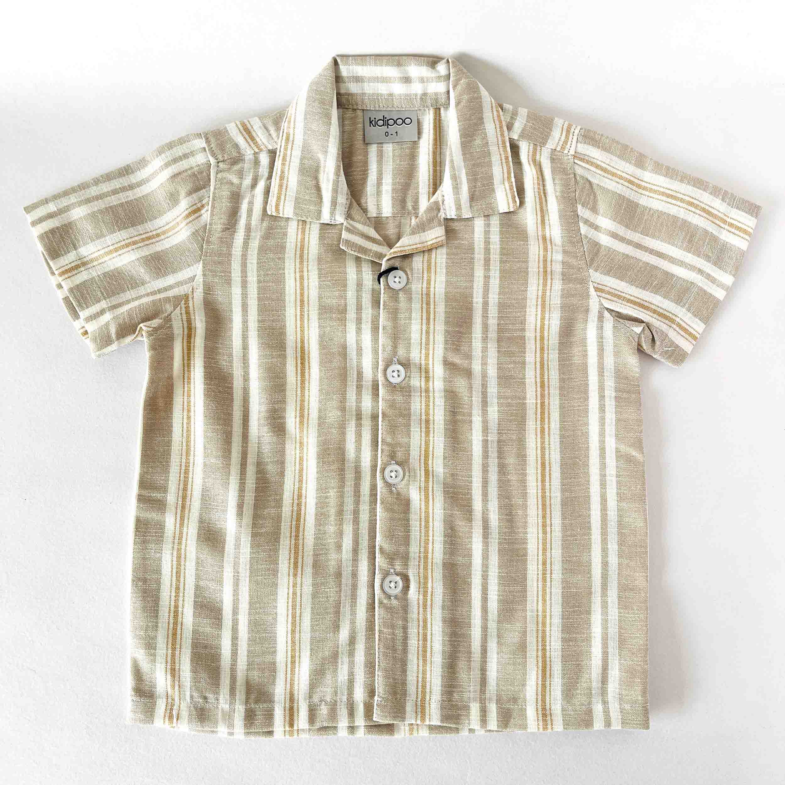 baby boys short sleeve striped shirt in beige with front buttons