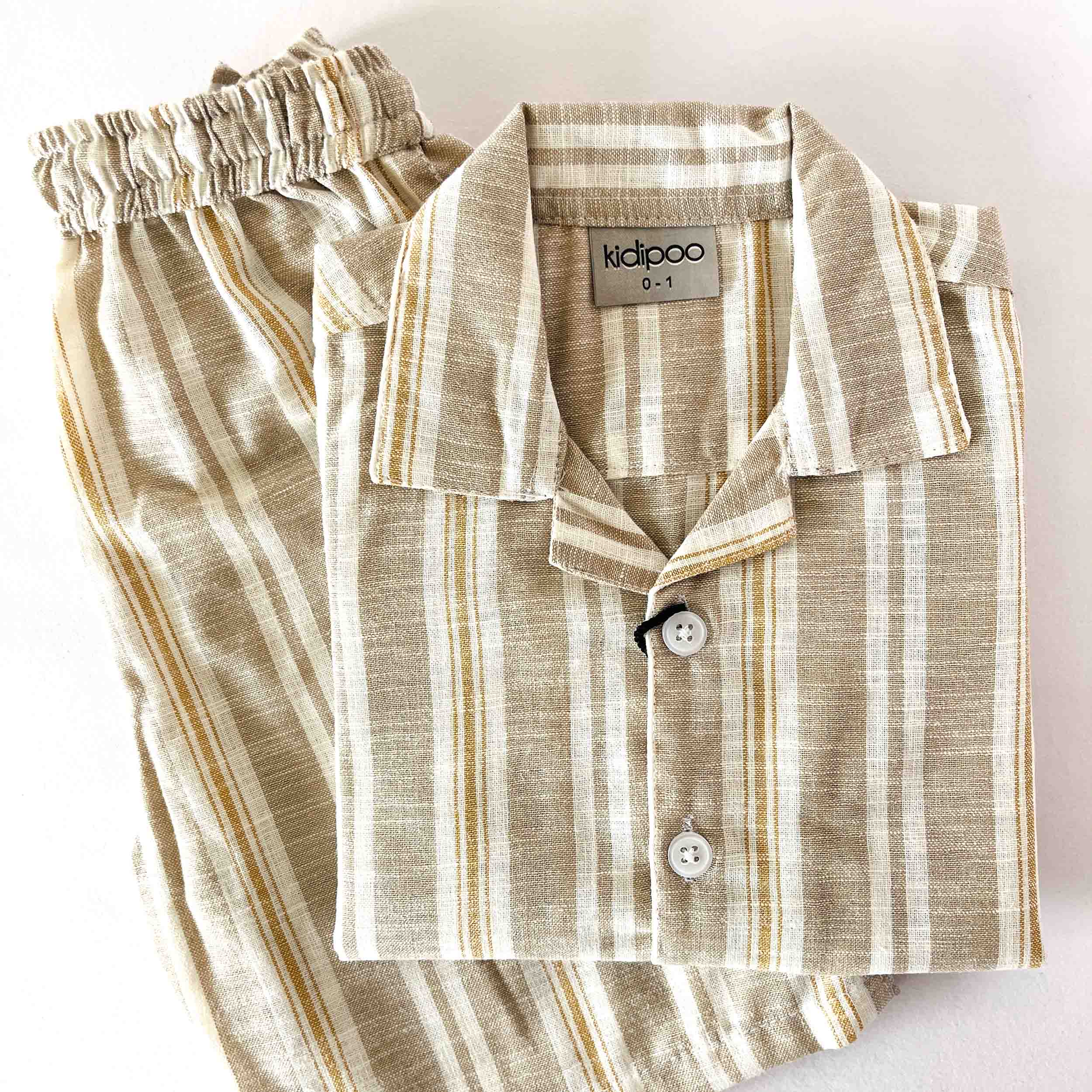  striped coord set with short sleeve shirt and elastic waist shorts in beige