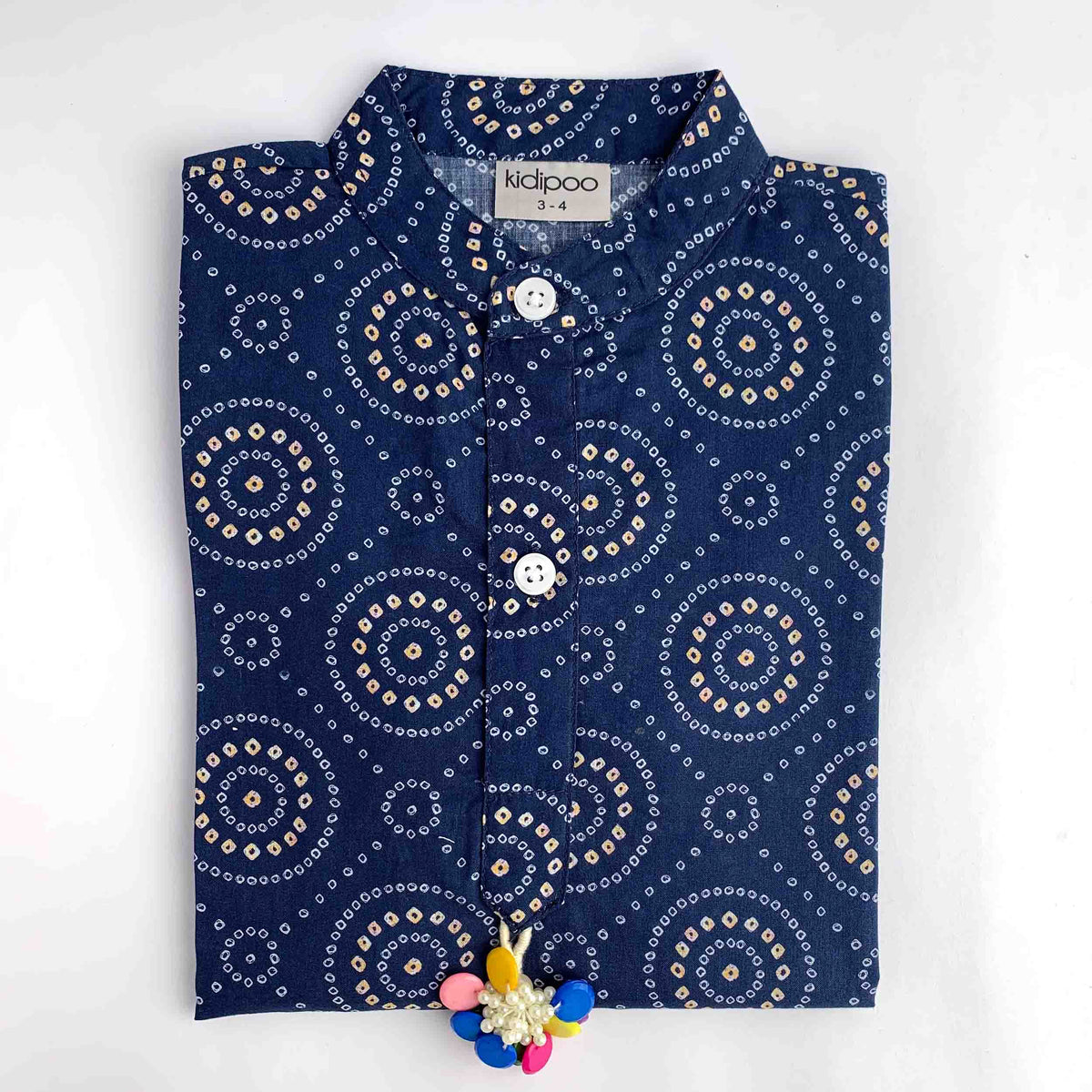 Kids blue Badhni kurta with traditional circular print and cream pajama